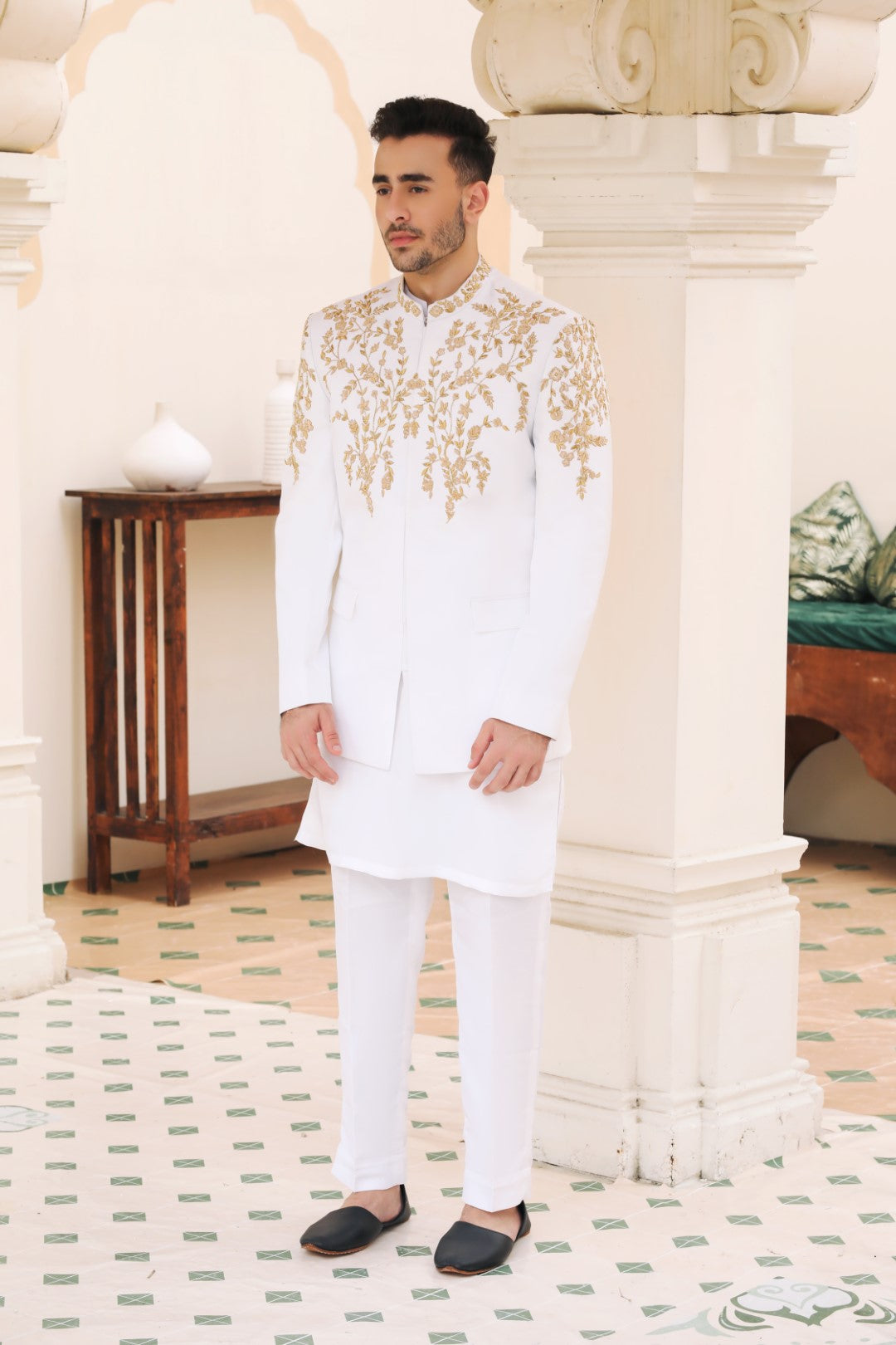 White Embroidered Silk Prince Coat (3-Piece) - Image 4