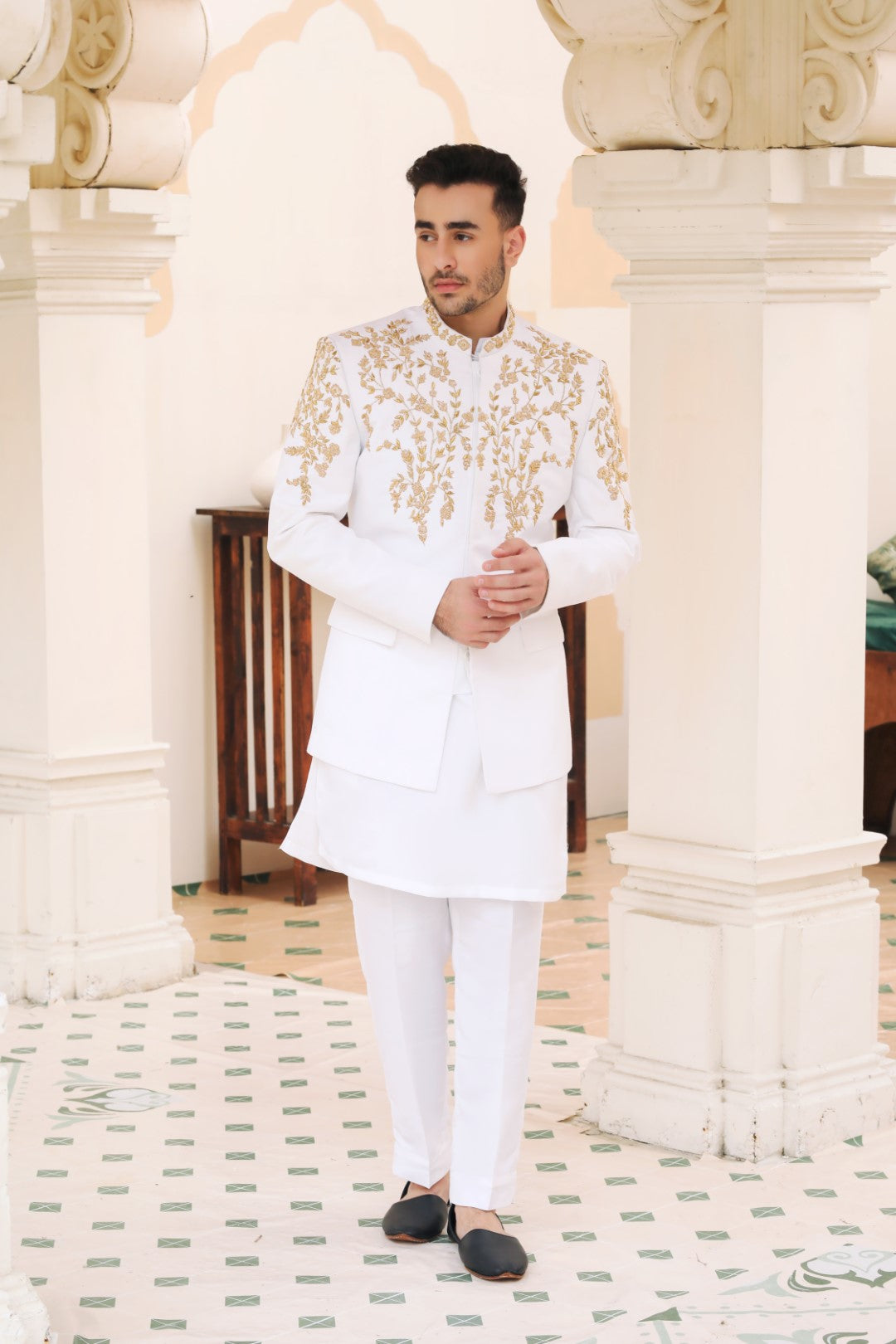 White Golden Embroidered Silk Prince Coat (3-Piece) - Image 1