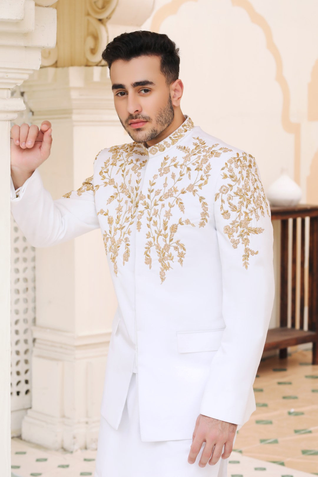 White Golden Embroidered Silk Prince Coat (3-Piece) - Image 2