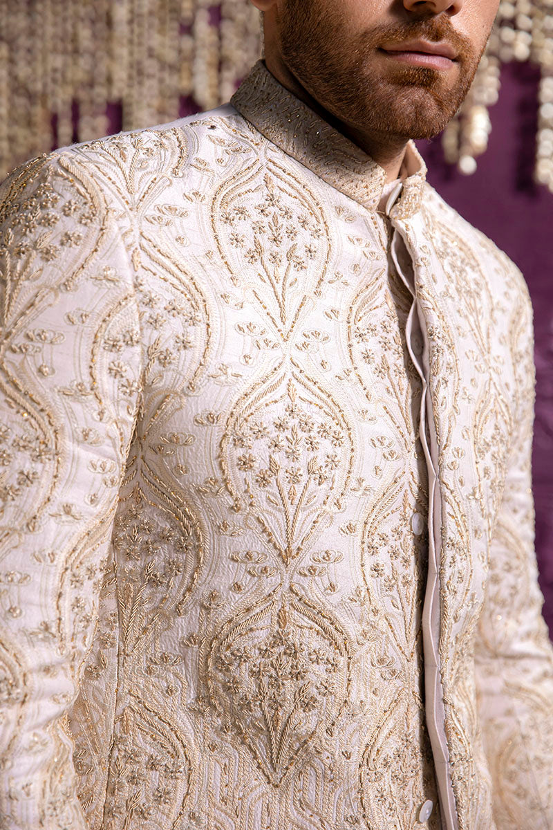 Pearl White Damask Embroidered Silk Prince Coat (3-Piece) - Image 3