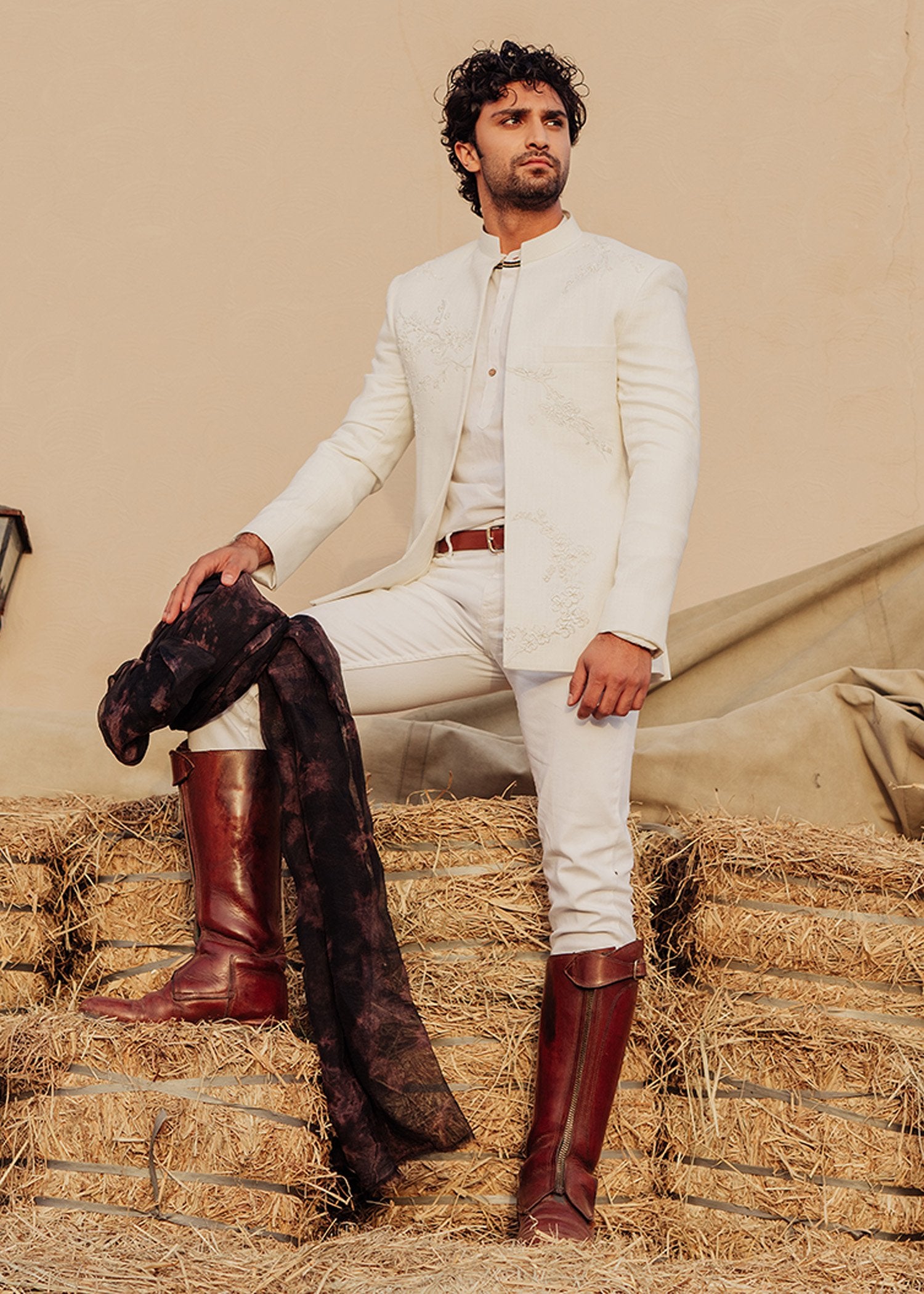 White Embroidered Slub Cotton Prince Coat (2-Piece) - Image 1