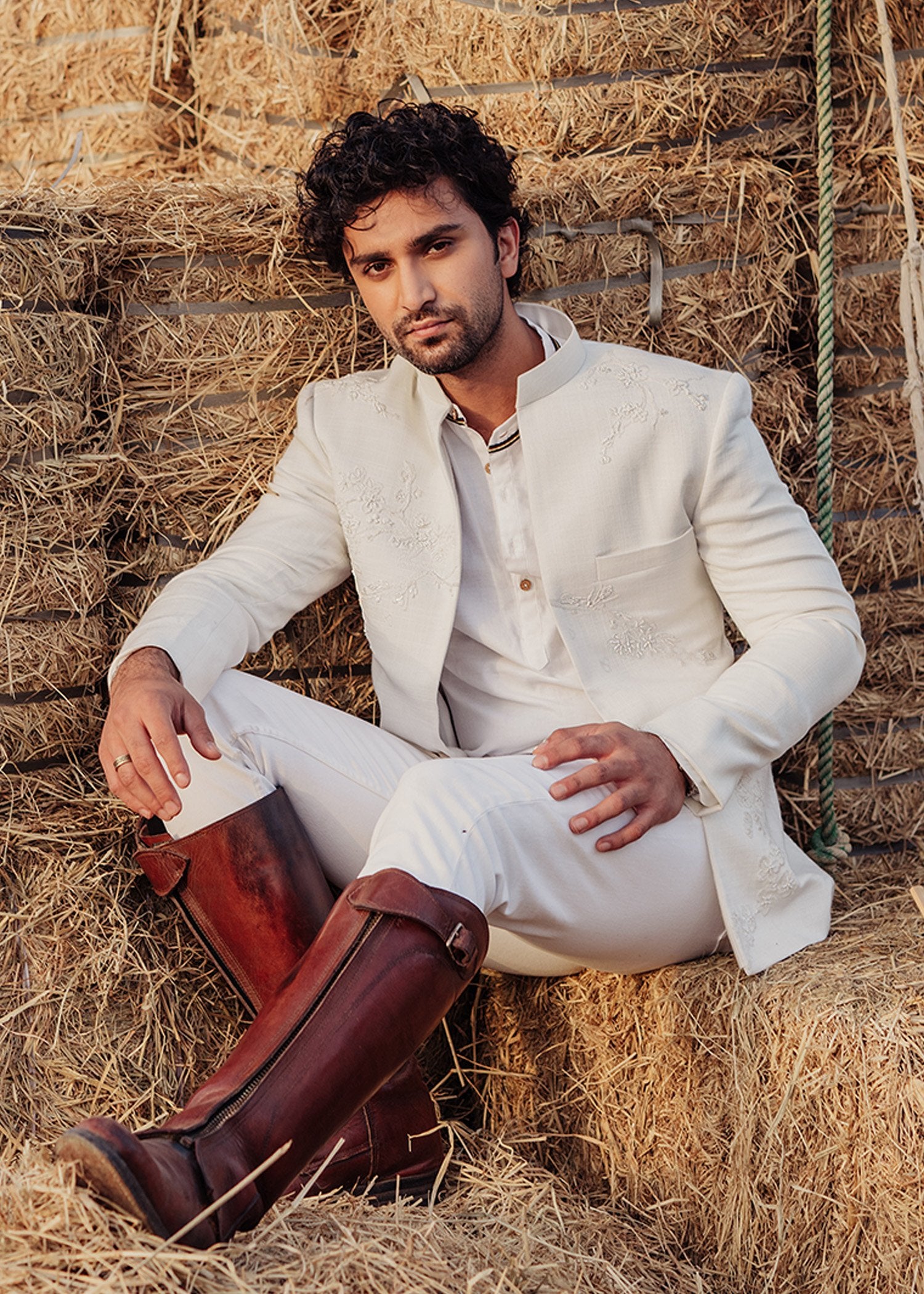 White Embroidered Slub Cotton Prince Coat (2-Piece) - Image 2