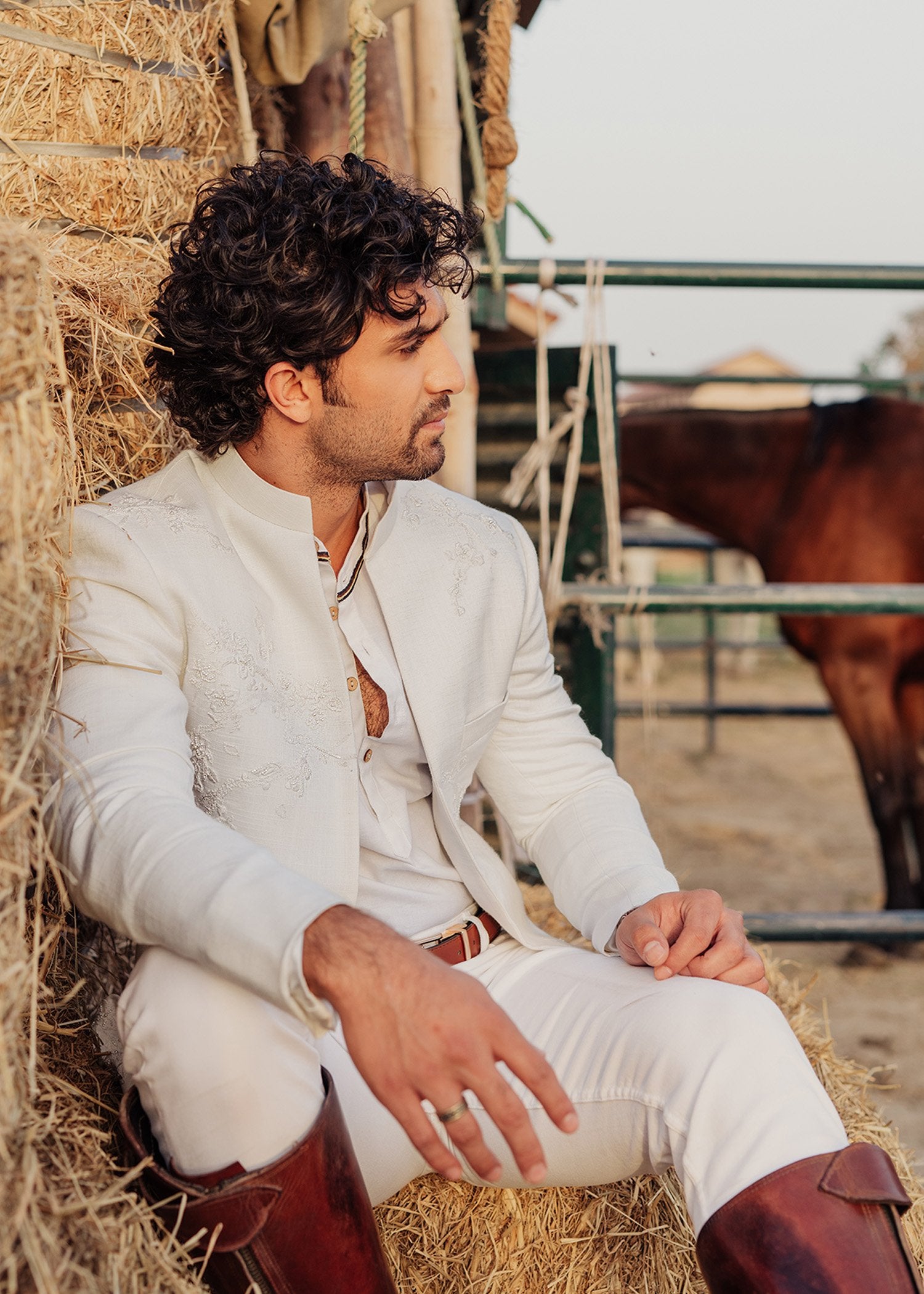 White Embroidered Slub Cotton Prince Coat (2-Piece) - Image 3