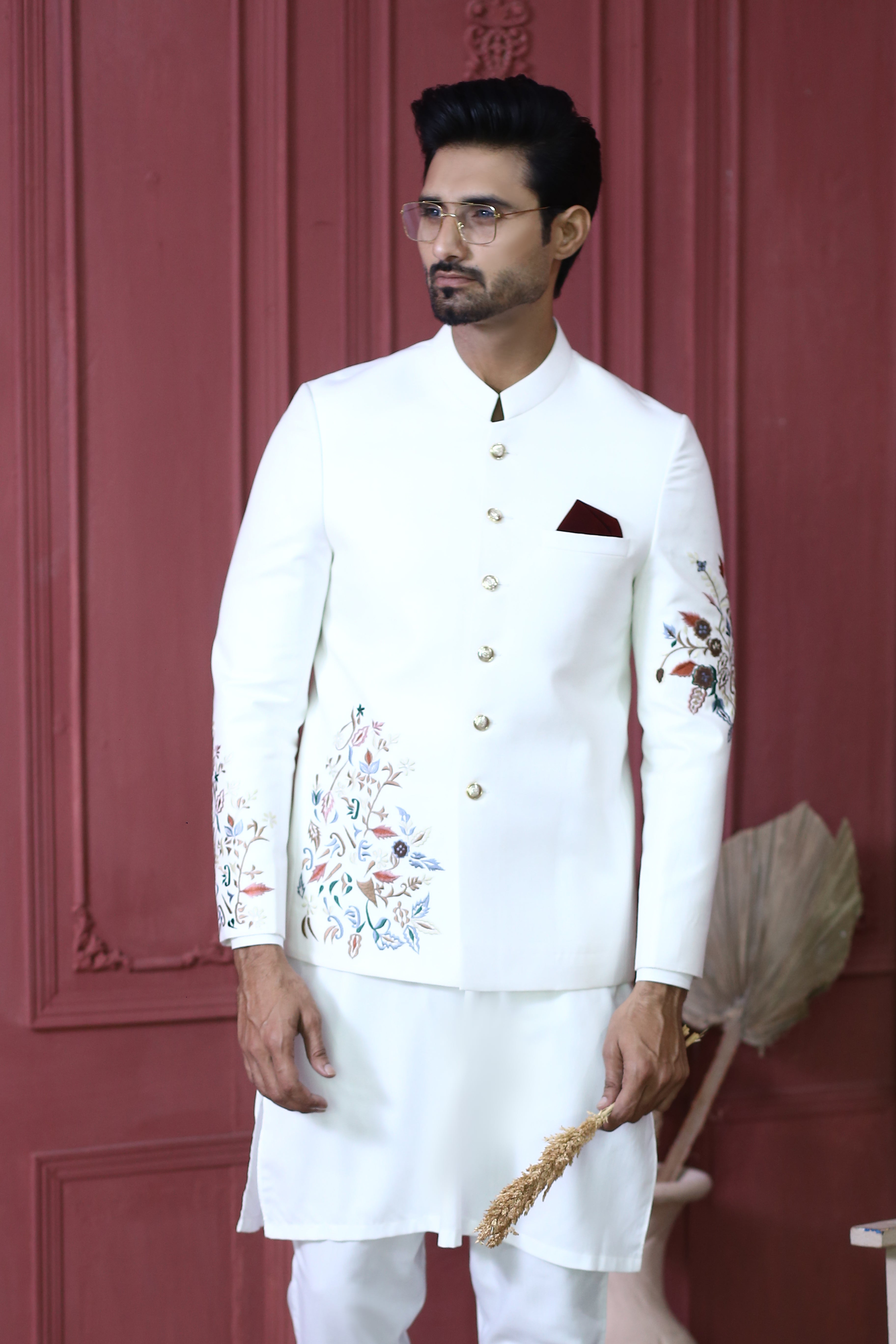 White Embroidered Suiting Prince Coat (3-Piece) - Image 1