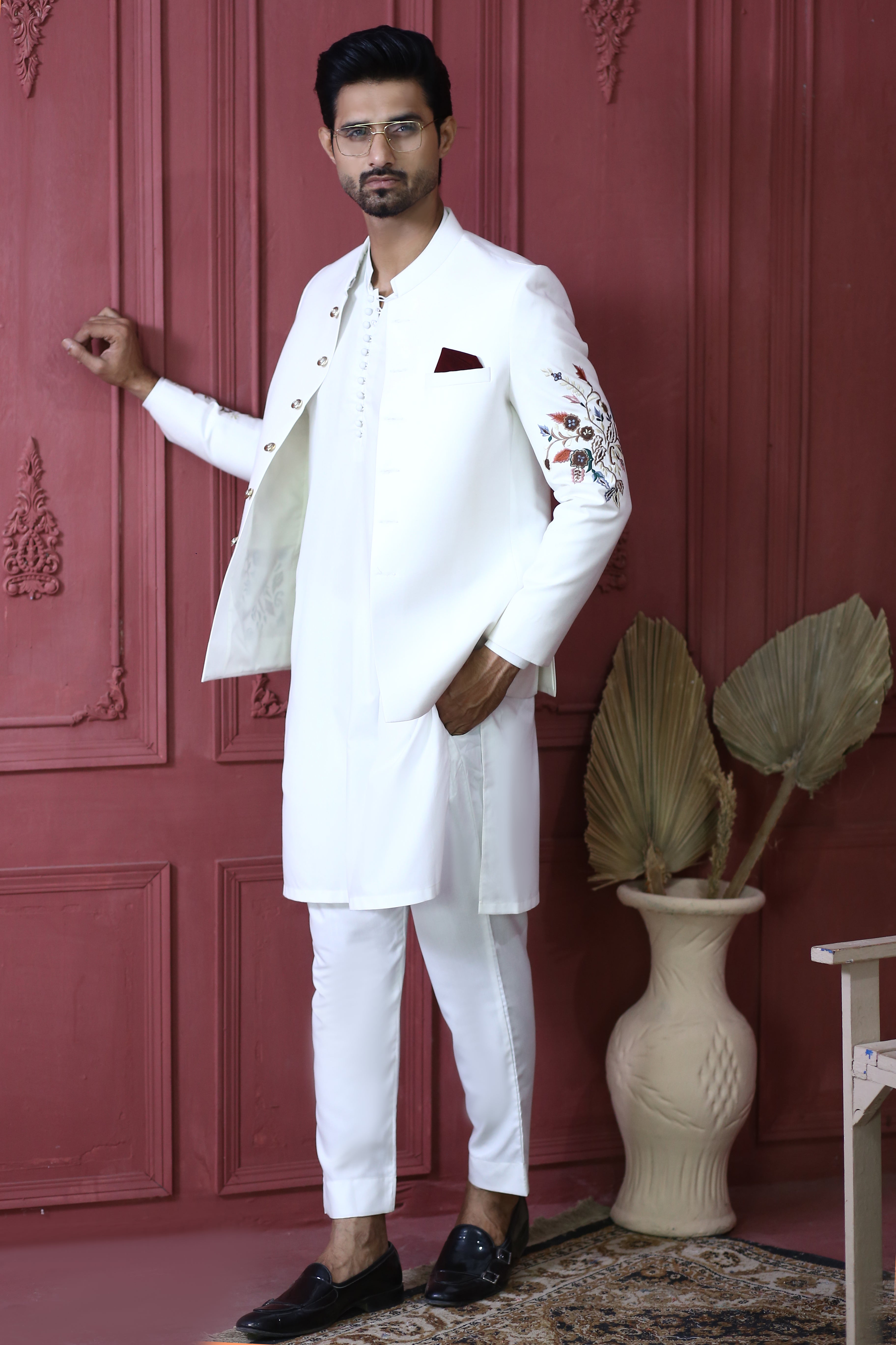 White Embroidered Suiting Prince Coat (3-Piece) - Image 2
