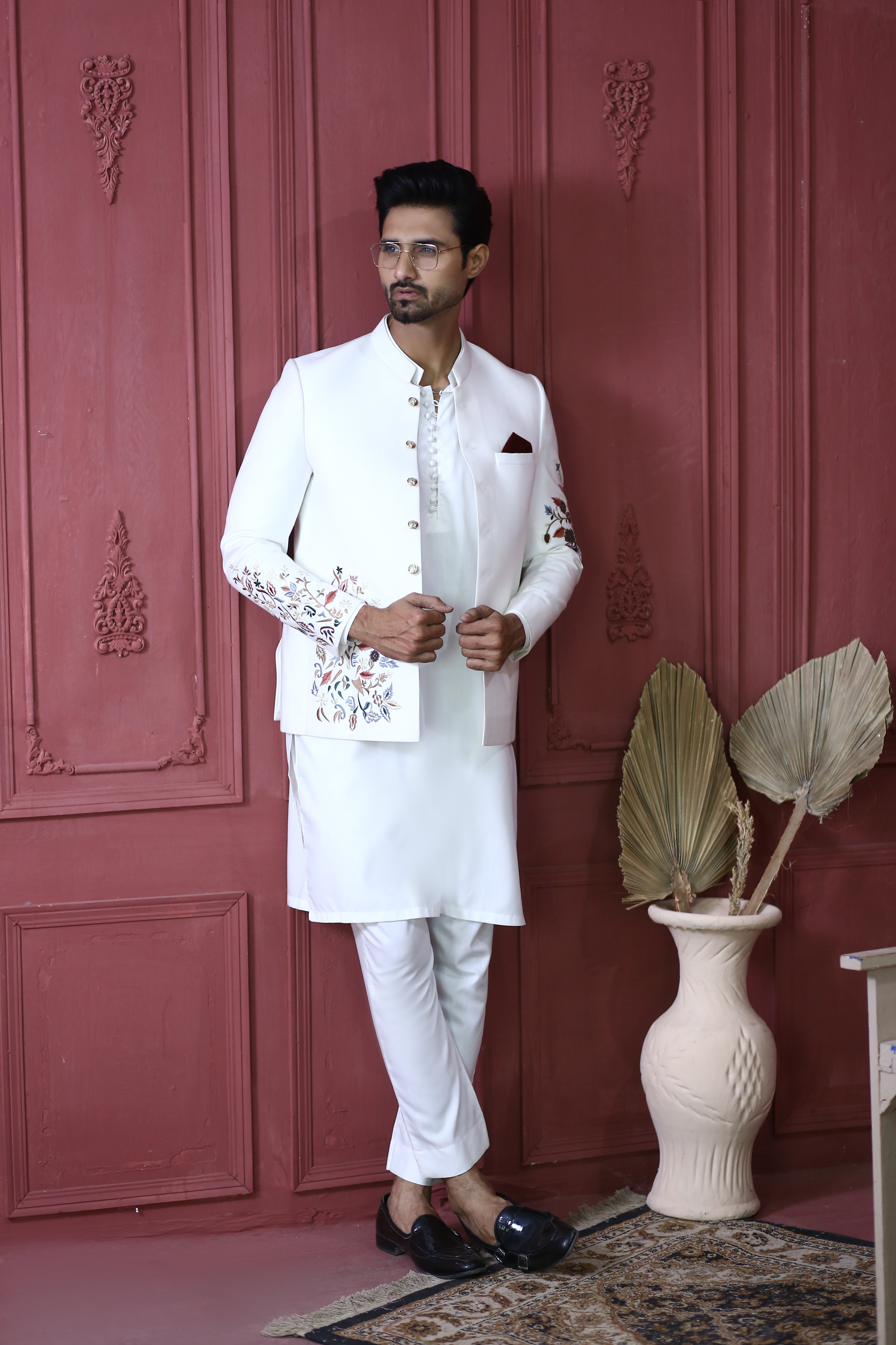 White Embroidered Suiting Prince Coat (3-Piece) - Image 3