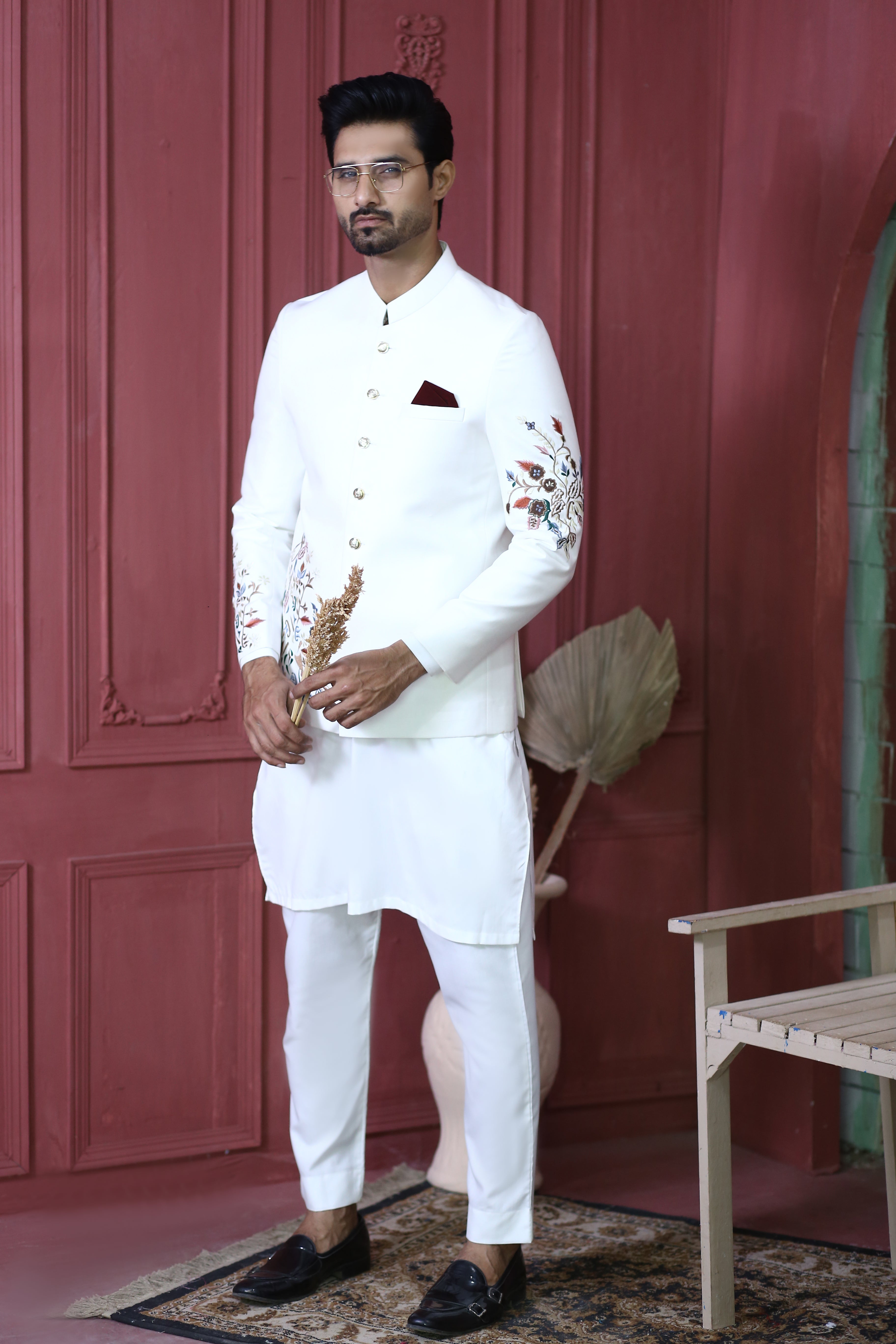 White Embroidered Suiting Prince Coat (3-Piece) - Image 4
