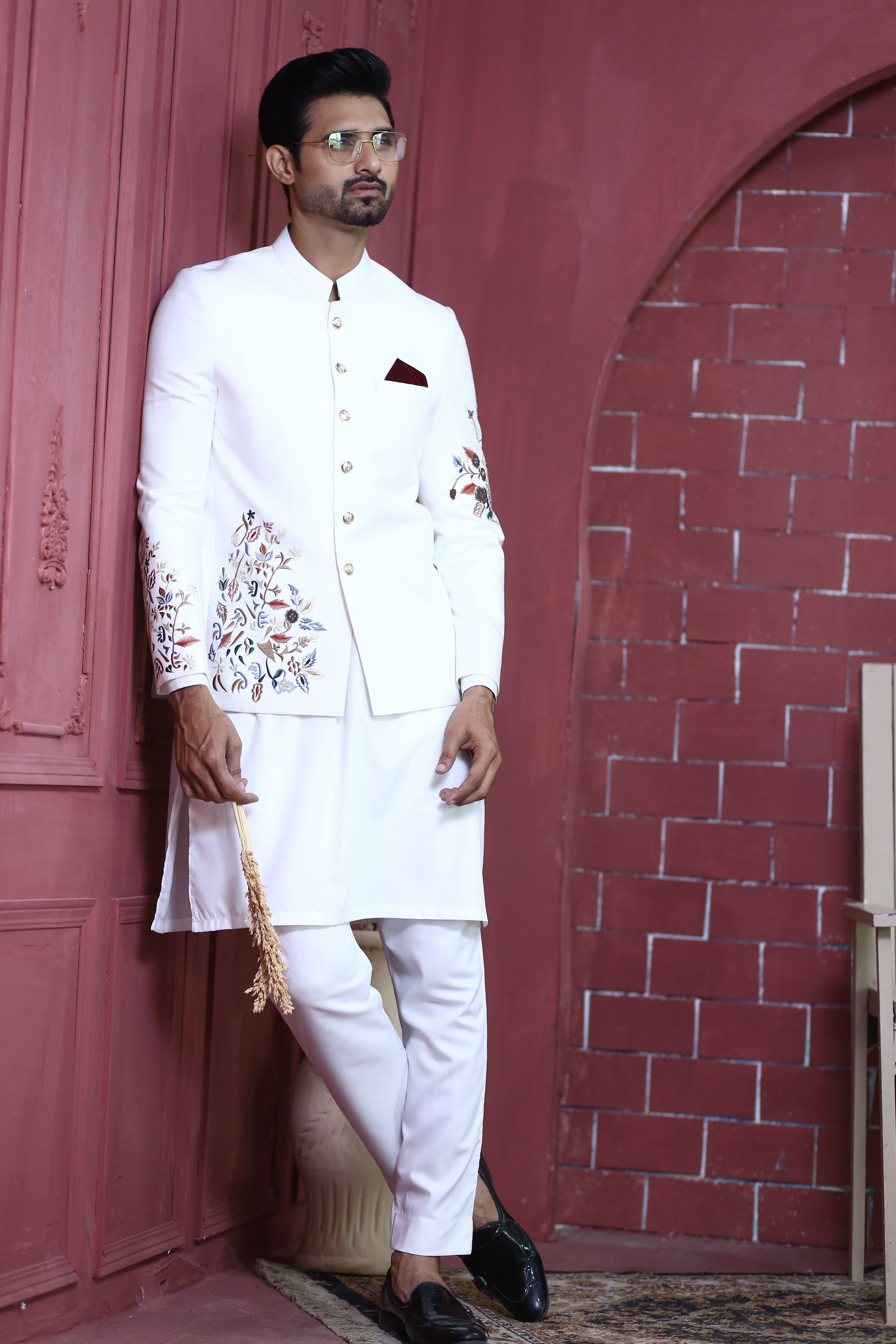 White Embroidered Suiting Prince Coat (3-Piece) - Image 5