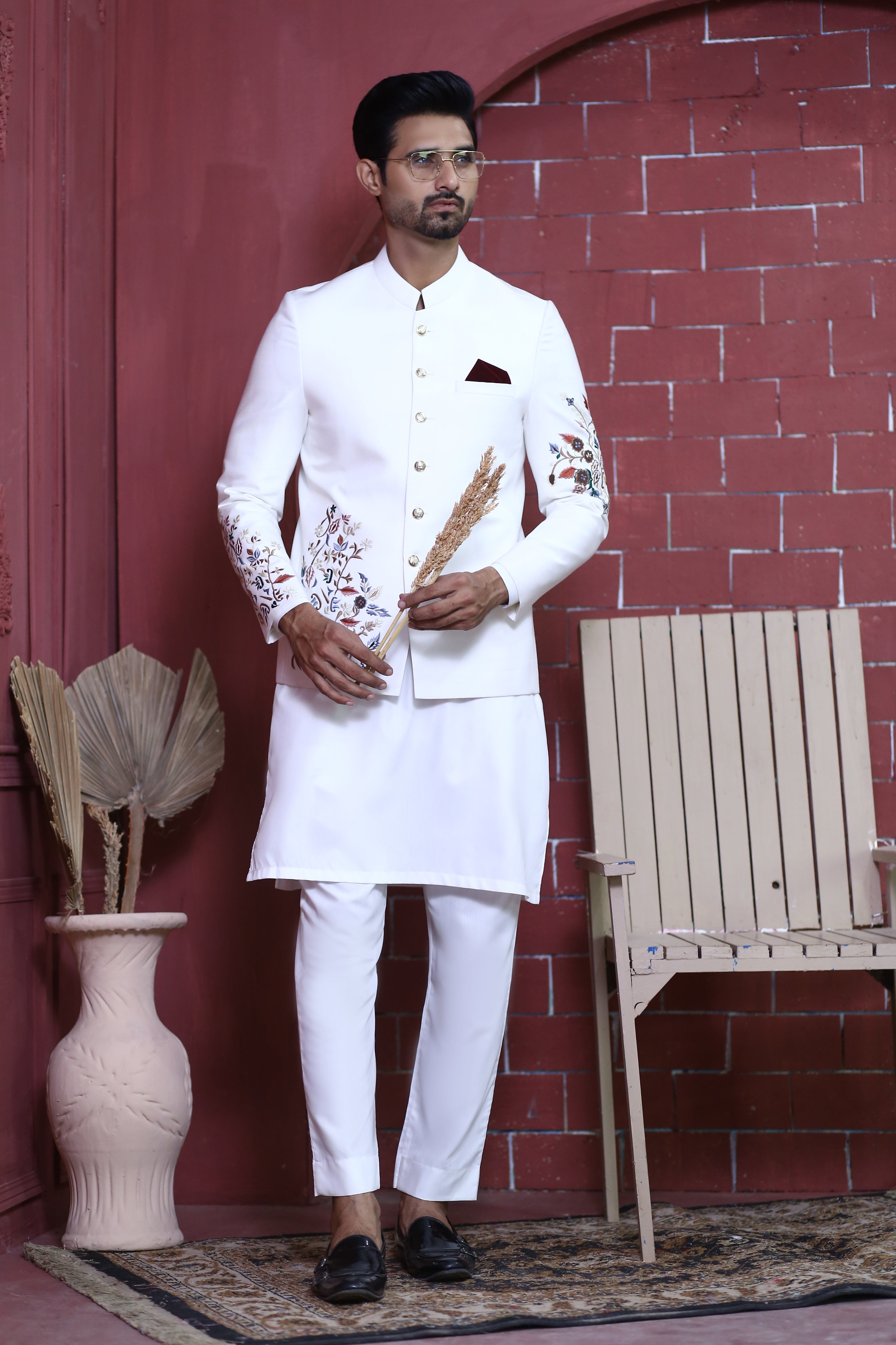 White Embroidered Suiting Prince Coat (3-Piece) - Image 6