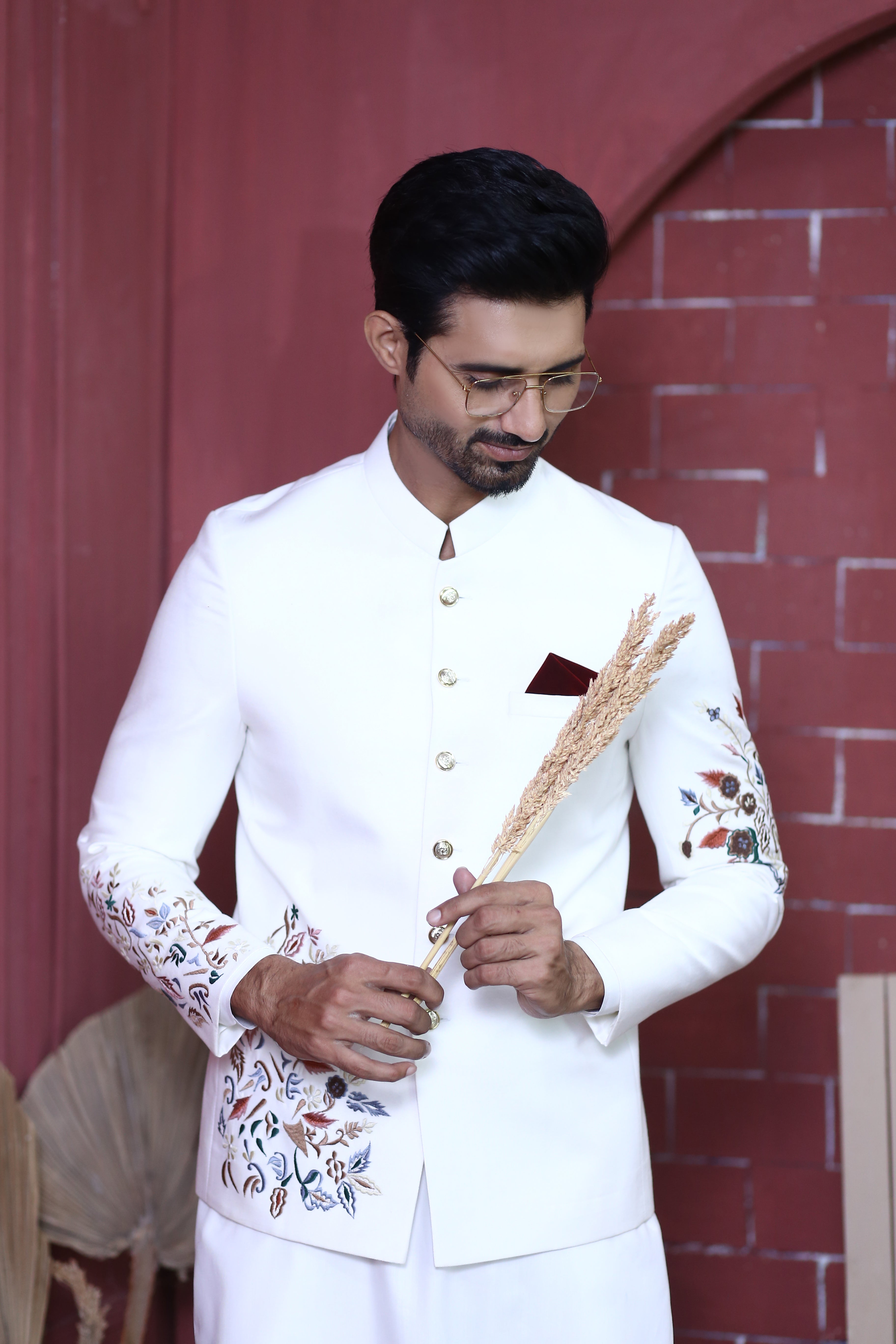 White Embroidered Suiting Prince Coat (3-Piece) - Image 7