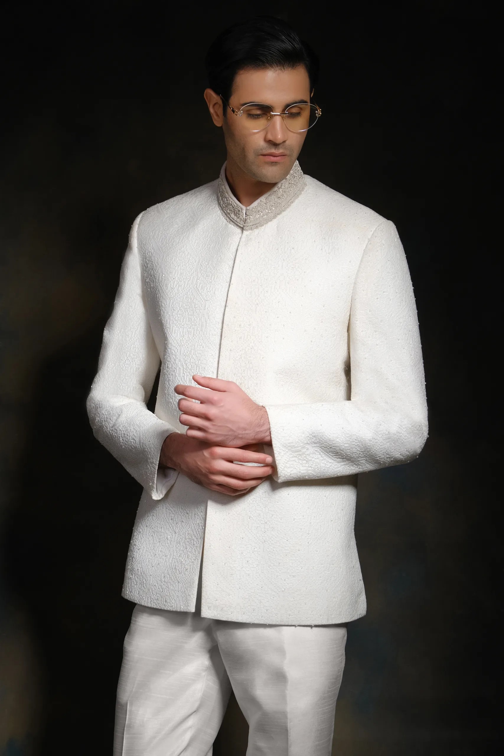 White Embroidered Textured Suiting Prince Coat (2-Piece) - Image 1