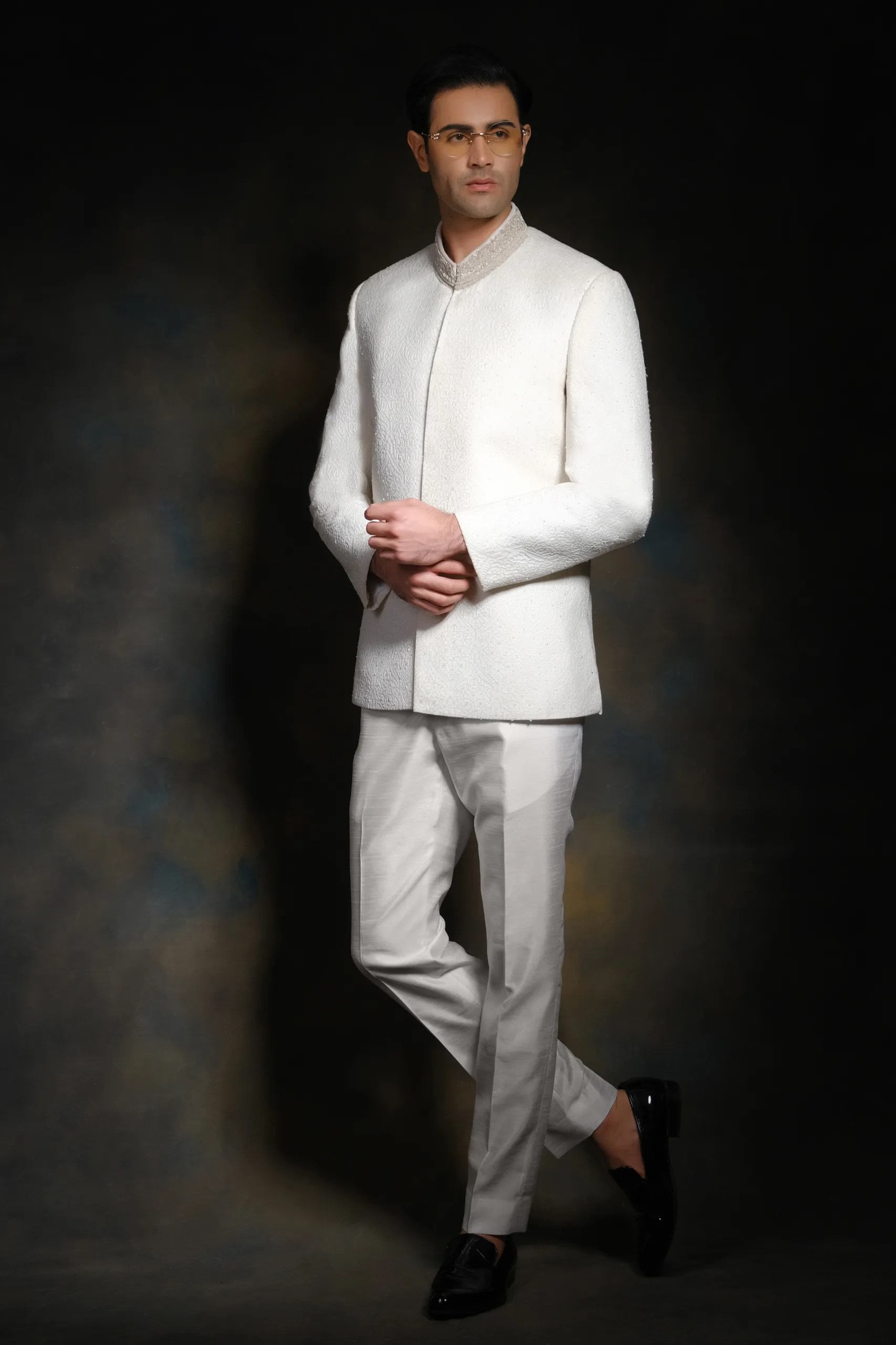 White Embroidered Textured Suiting Prince Coat (2-Piece) - Image 2