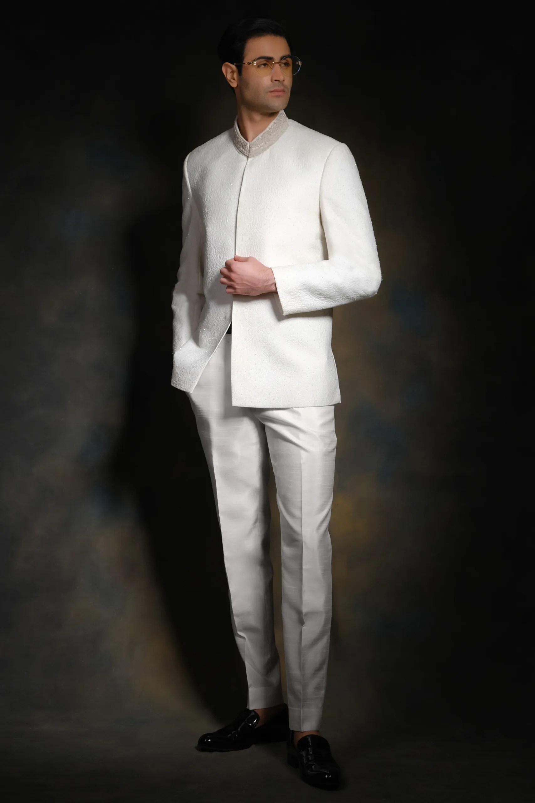 White Embroidered Textured Suiting Prince Coat (2-Piece) - Image 3