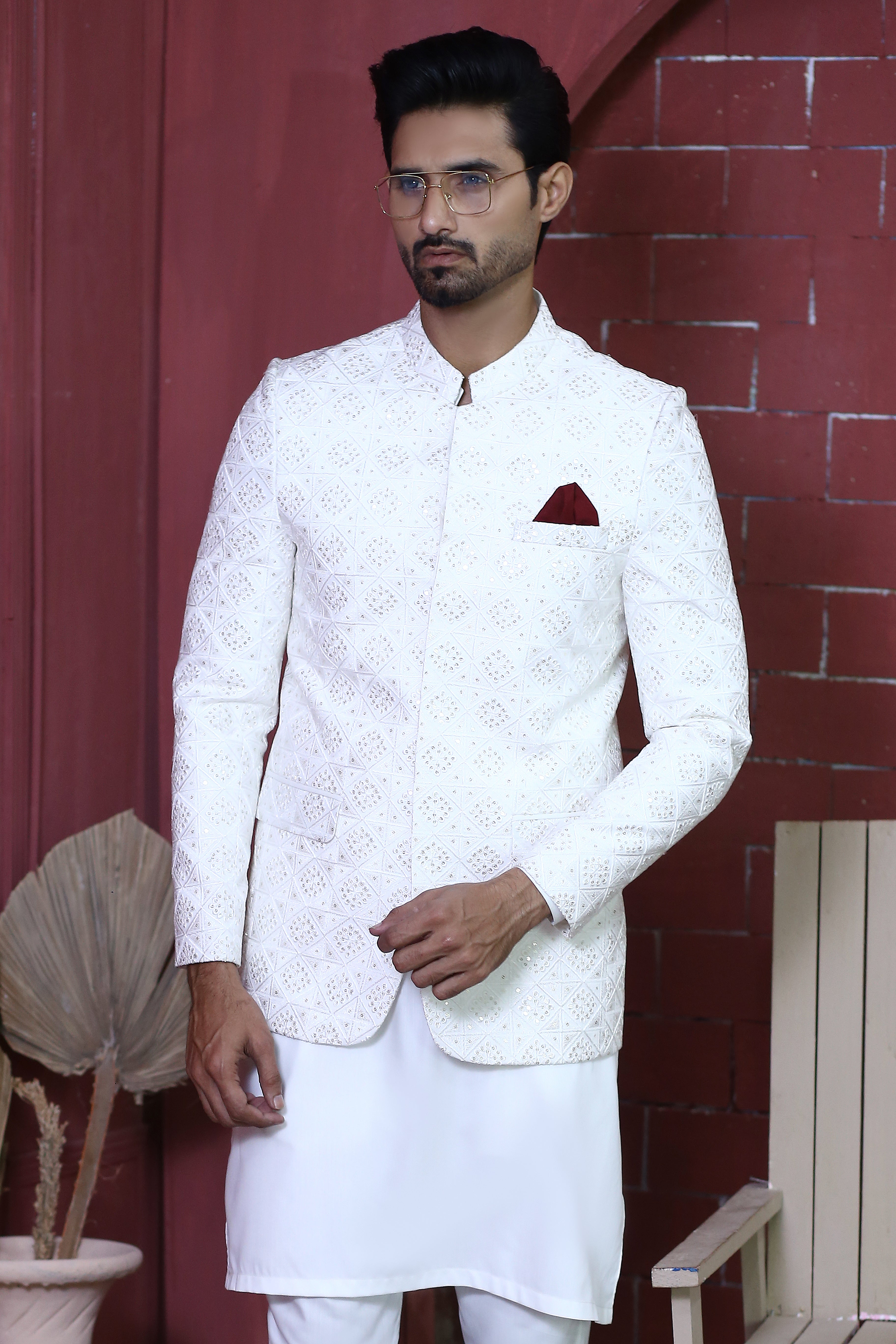 White Geometric Embroidered Suiting Prince Coat (3-Piece) - Image 1