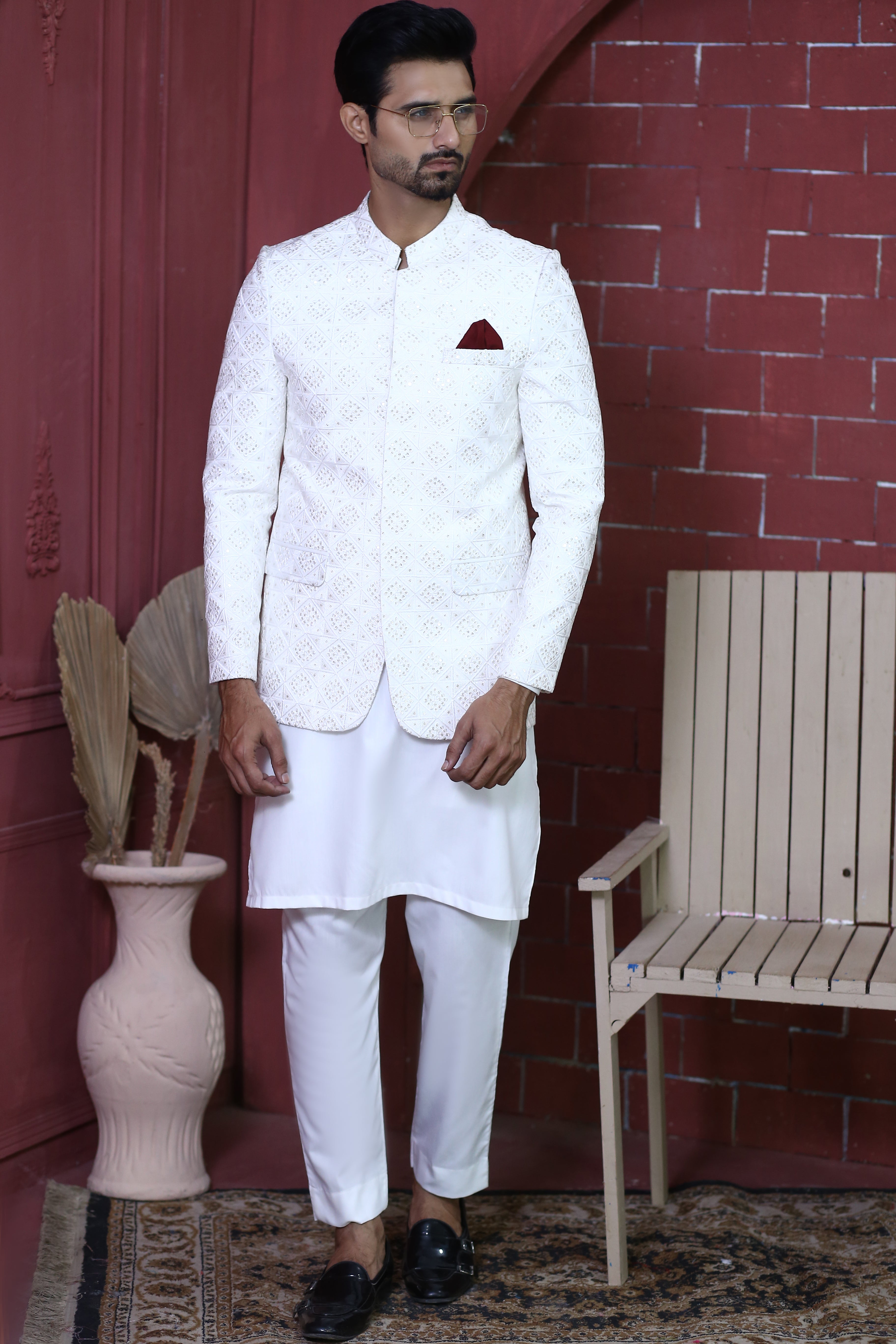 White Geometric Embroidered Suiting Prince Coat (3-Piece) - Image 2