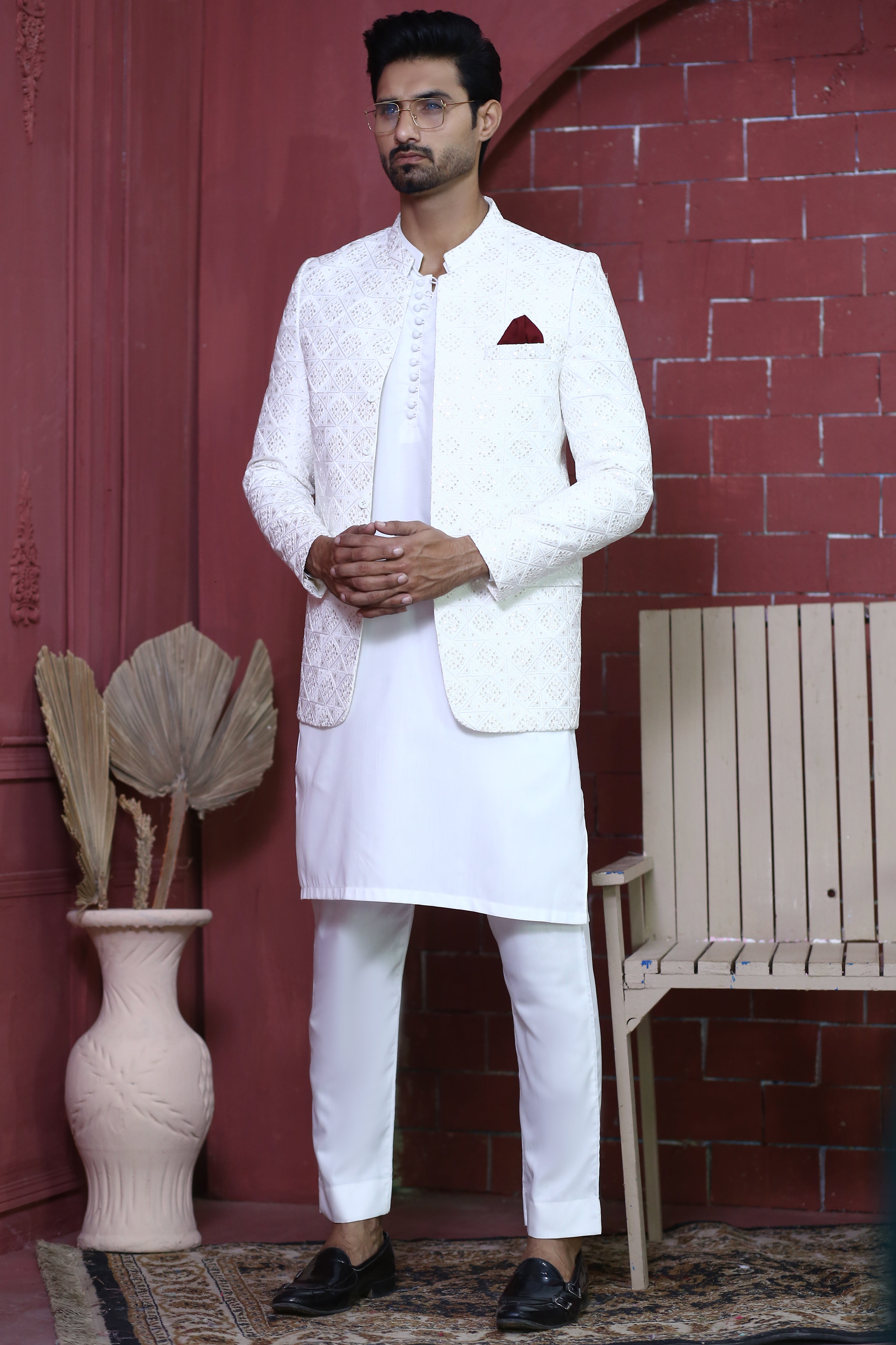 White Geometric Embroidered Suiting Prince Coat (3-Piece) - Image 3