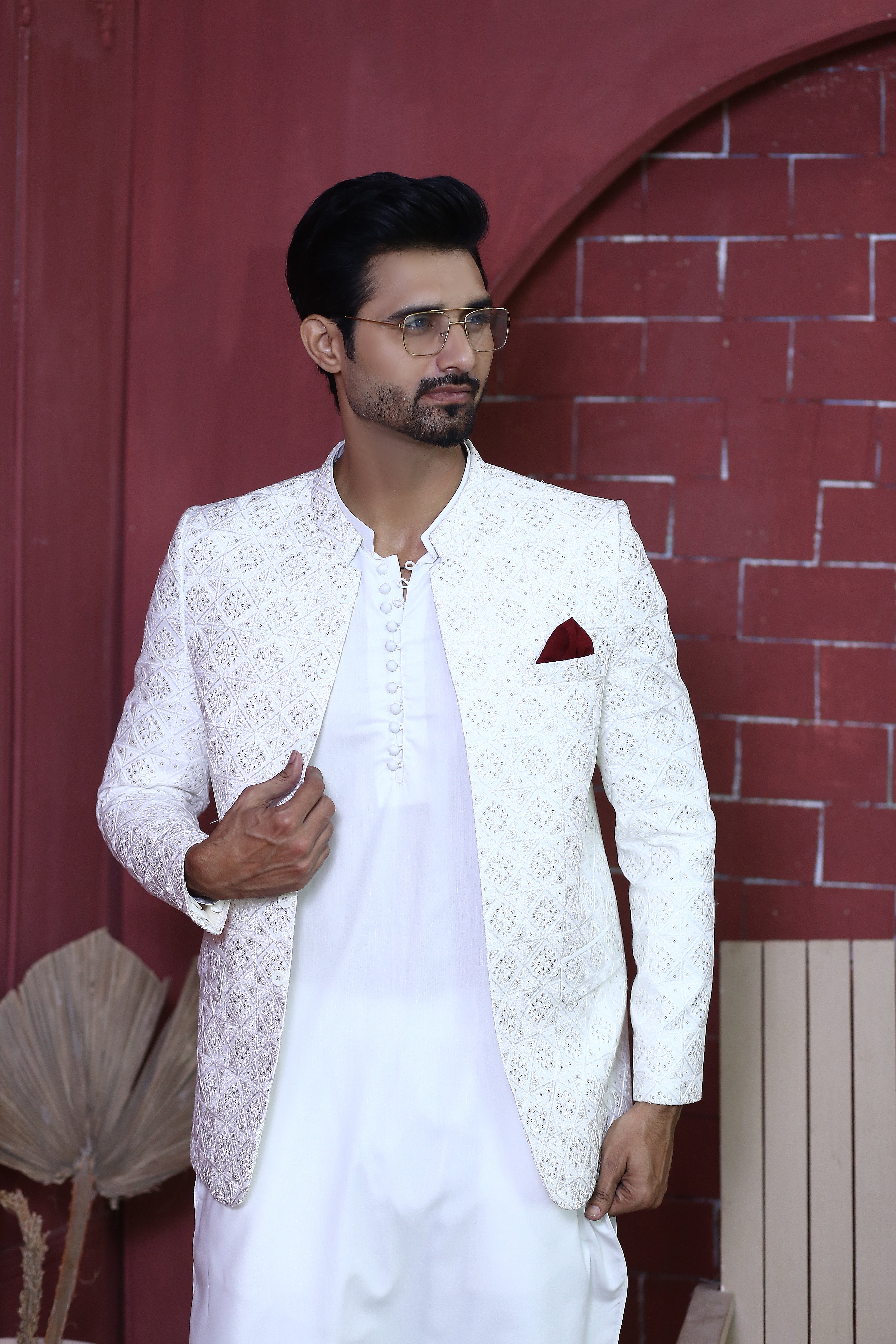 White Geometric Embroidered Suiting Prince Coat (3-Piece) - Image 4