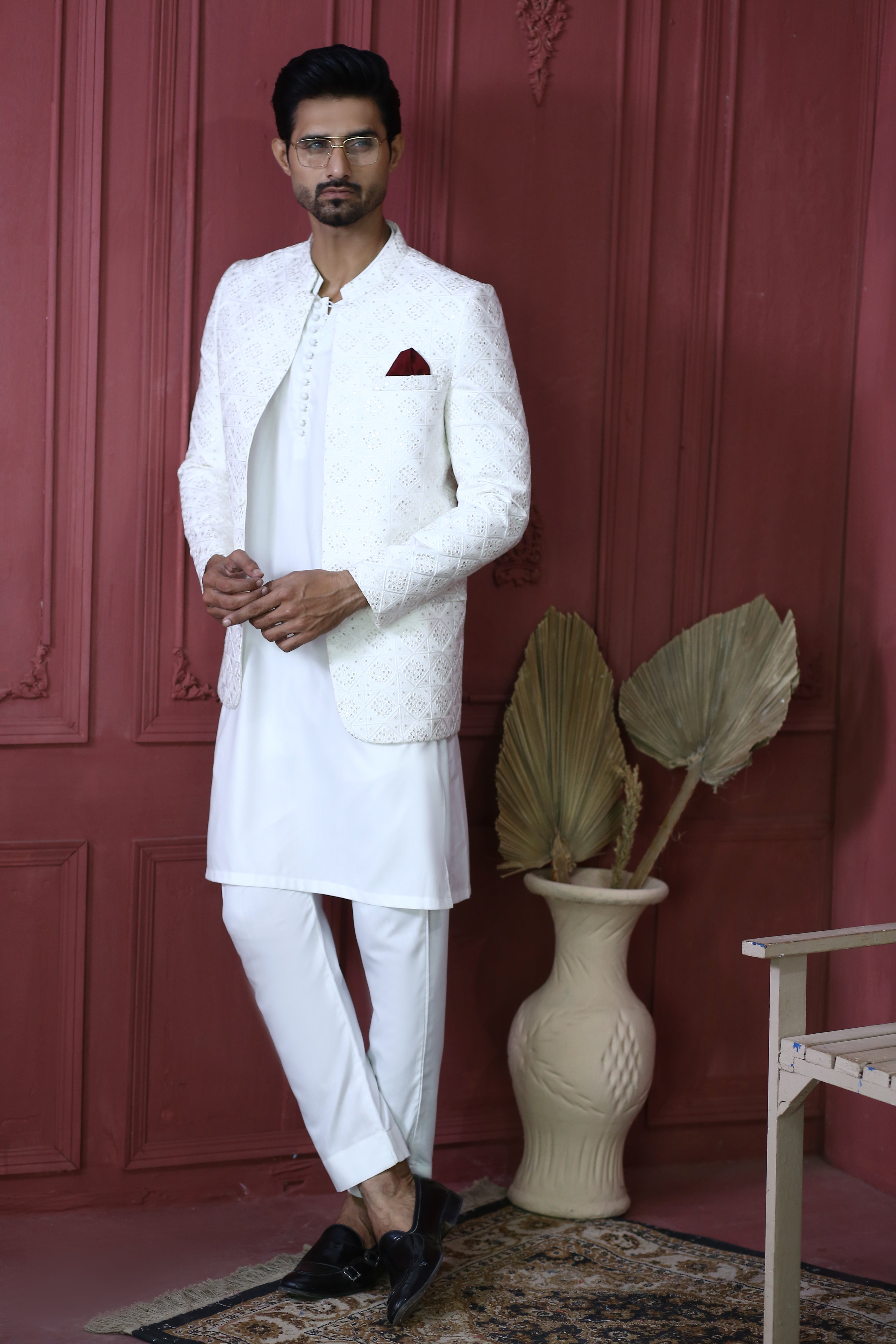 White Geometric Embroidered Suiting Prince Coat (3-Piece) - Image 6