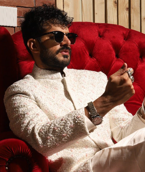 Pearl White Hand-Embroidered Suiting Prince Coat (1-Pc) - Image 1