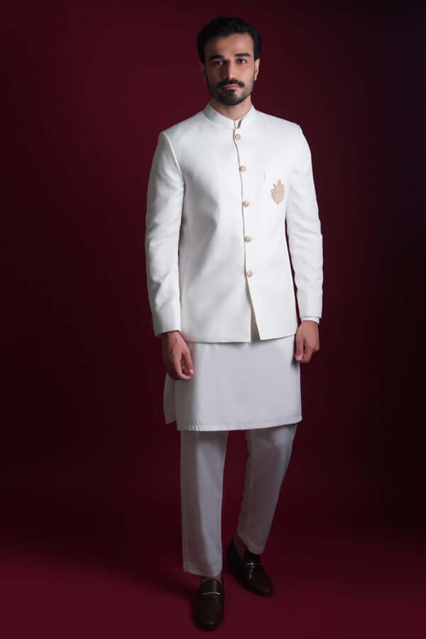 White Emblem Embroidered Suiting Prince Coat (3-Piece) - Image 1