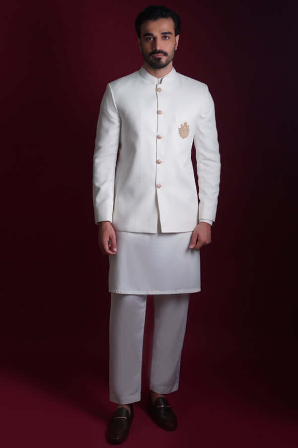 White Emblem Embroidered Suiting Prince Coat (3-Piece) - Image 3