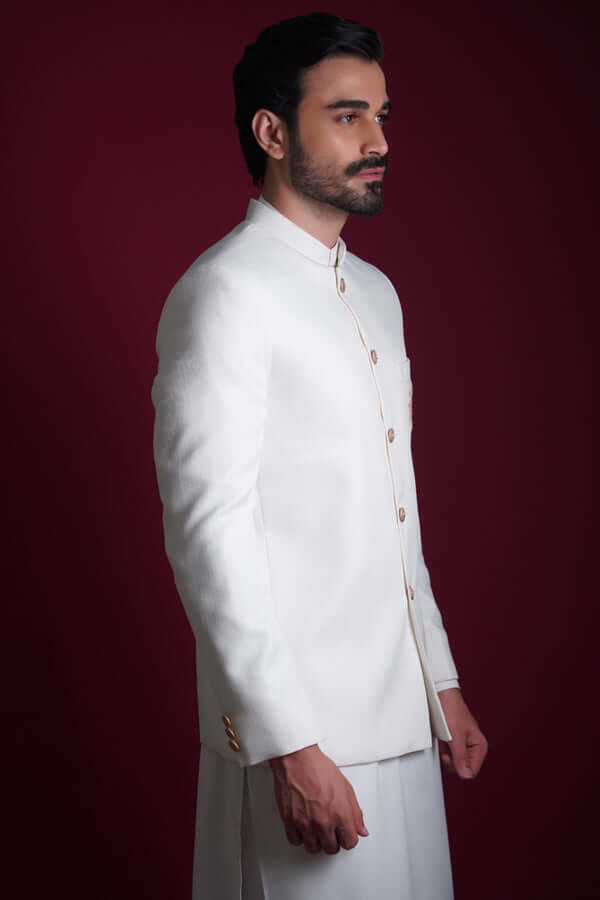 White Emblem Embroidered Suiting Prince Coat (3-Piece) - Image 4
