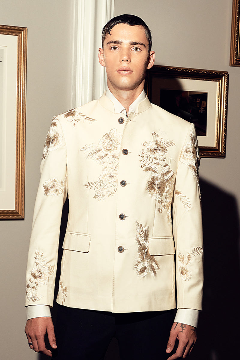 Pearl White Embroidered Tropical Fabric Prince Coat (1-Pc) - Image 1
