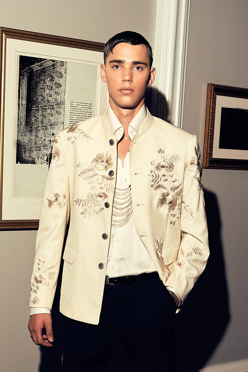 Pearl White Embroidered Tropical Fabric Prince Coat (1-Pc) - Image 2