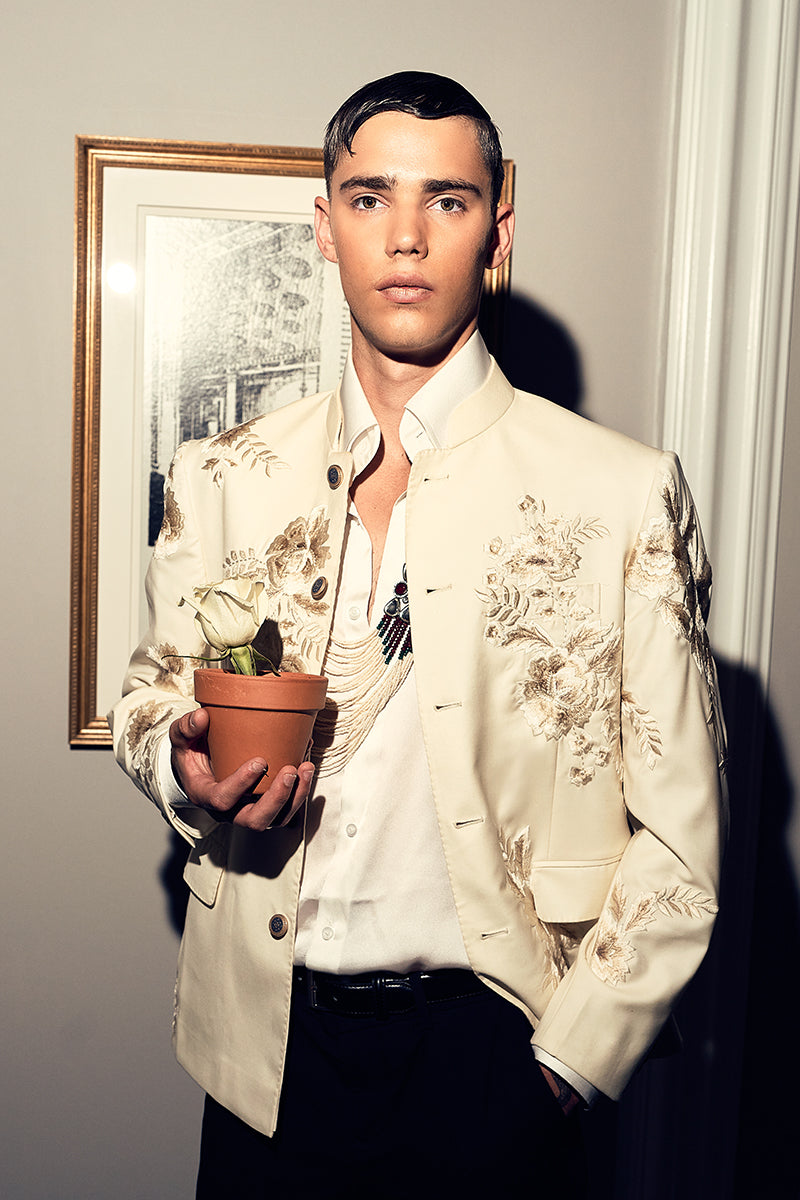 Pearl White Embroidered Tropical Fabric Prince Coat (1-Pc) - Image 6