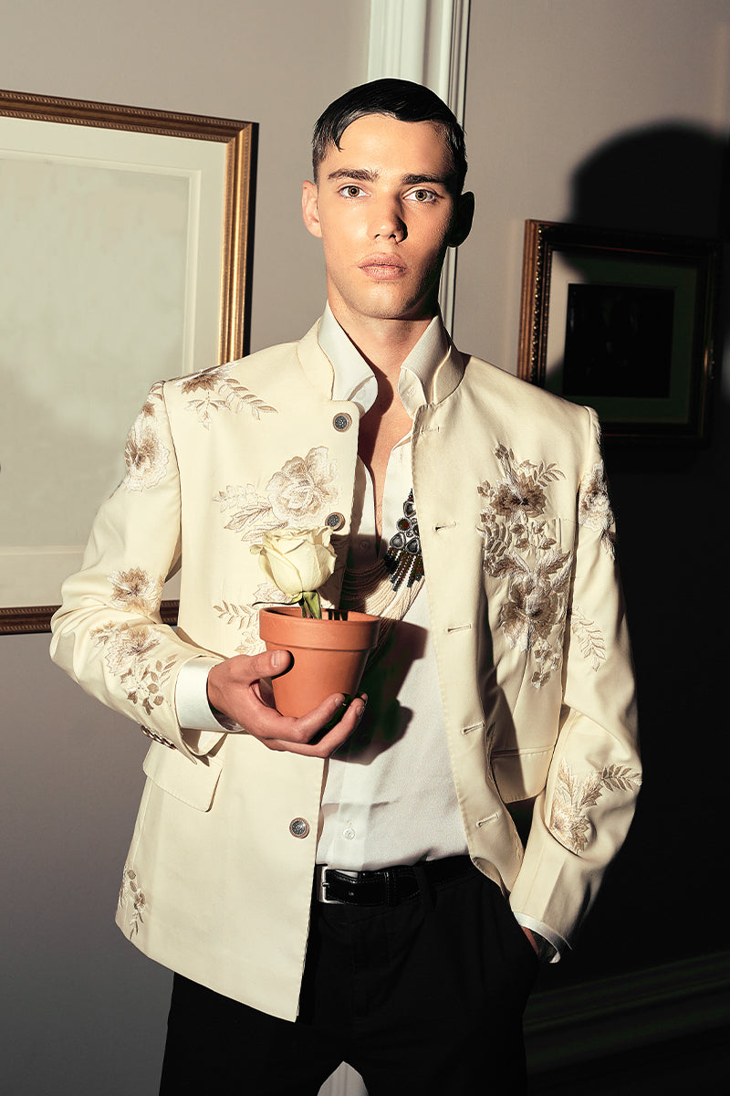 Pearl White Embroidered Tropical Fabric Prince Coat (1-Pc) - Image 3