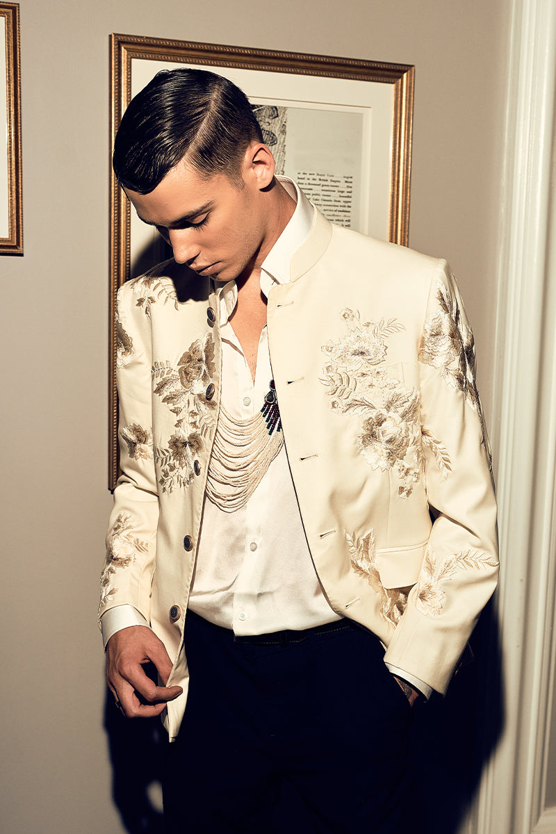 Pearl White Embroidered Tropical Fabric Prince Coat (1-Pc) - Image 4