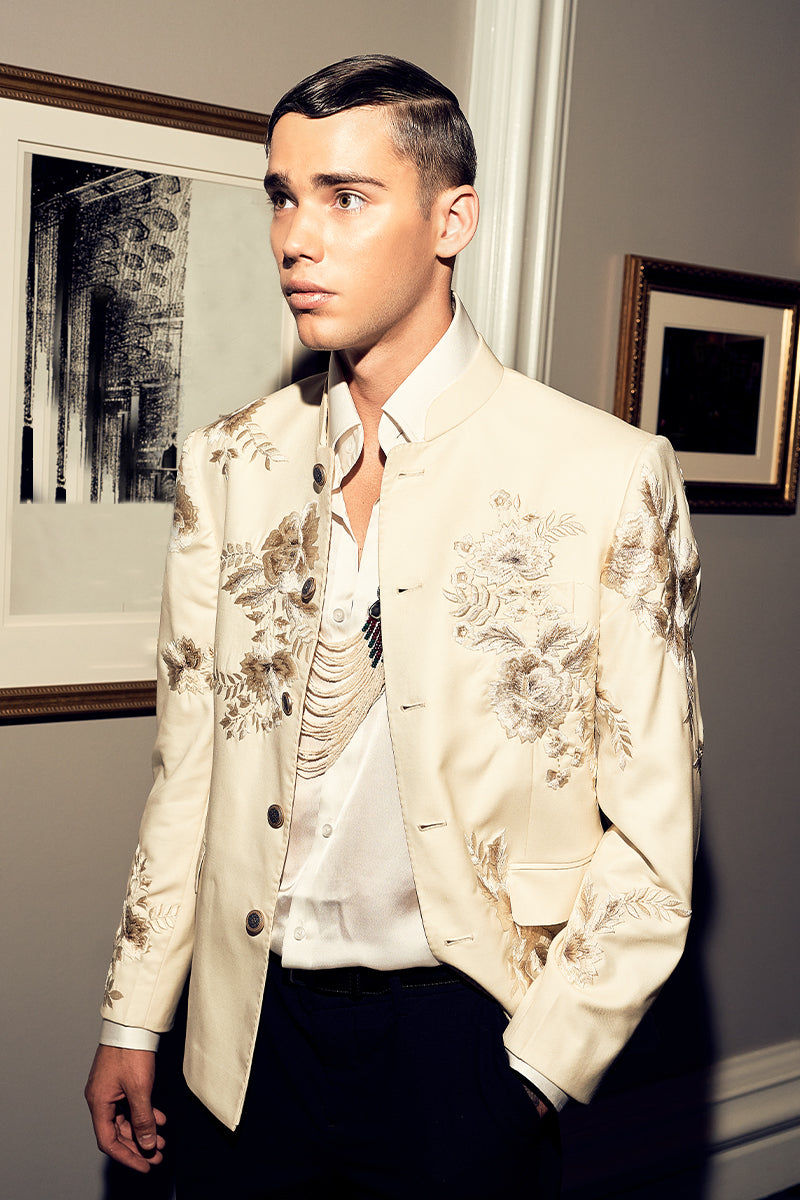 Pearl White Embroidered Tropical Fabric Prince Coat (1-Pc) - Image 5