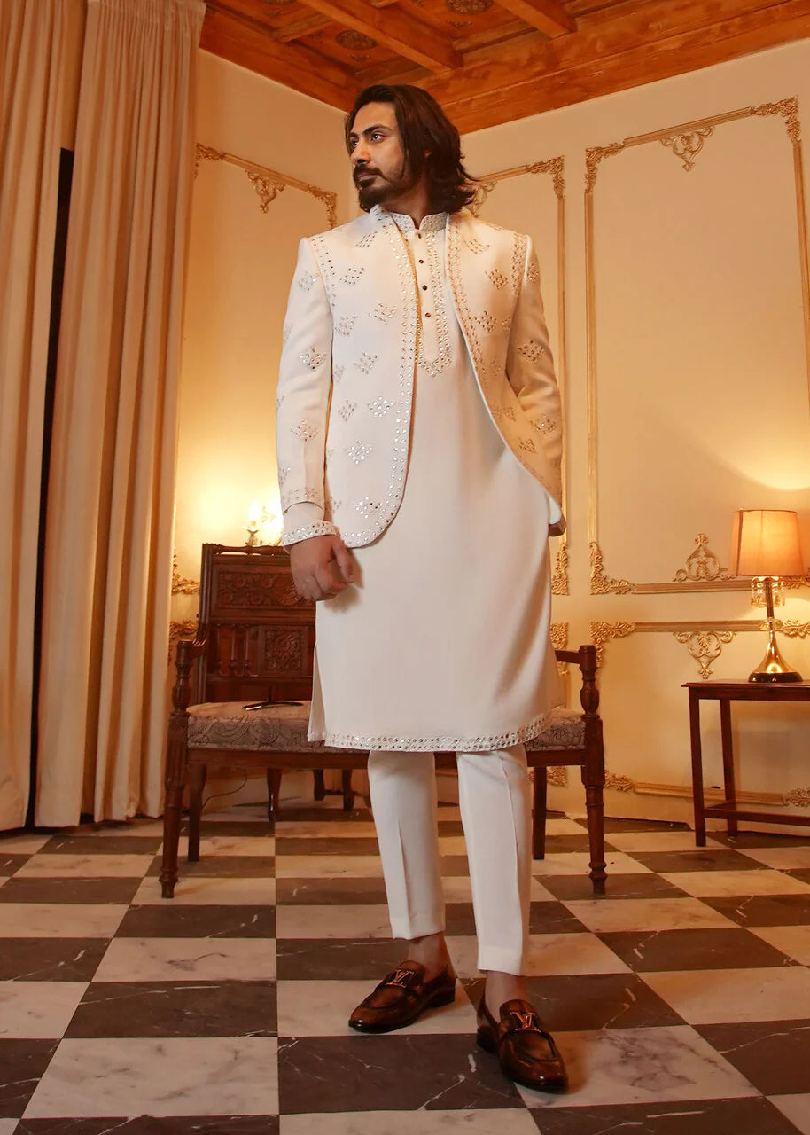 White Mirror Work Wool Prince Coat (3-Piece) - Image 1