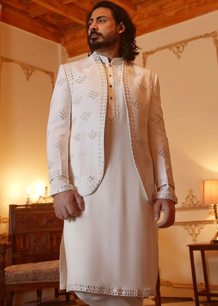 White Mirror Work Wool Prince Coat (3-Piece) - Image 3