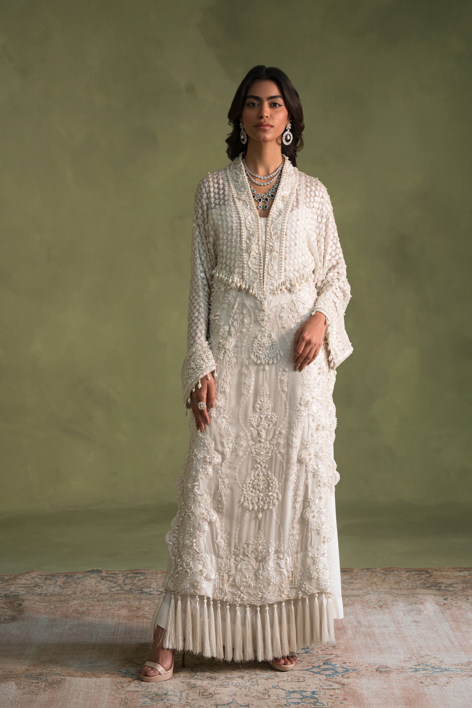 Pakistani Pearl White Embroidered Chiffon Blend Salwar Kameez (3-Piece) - Image 1