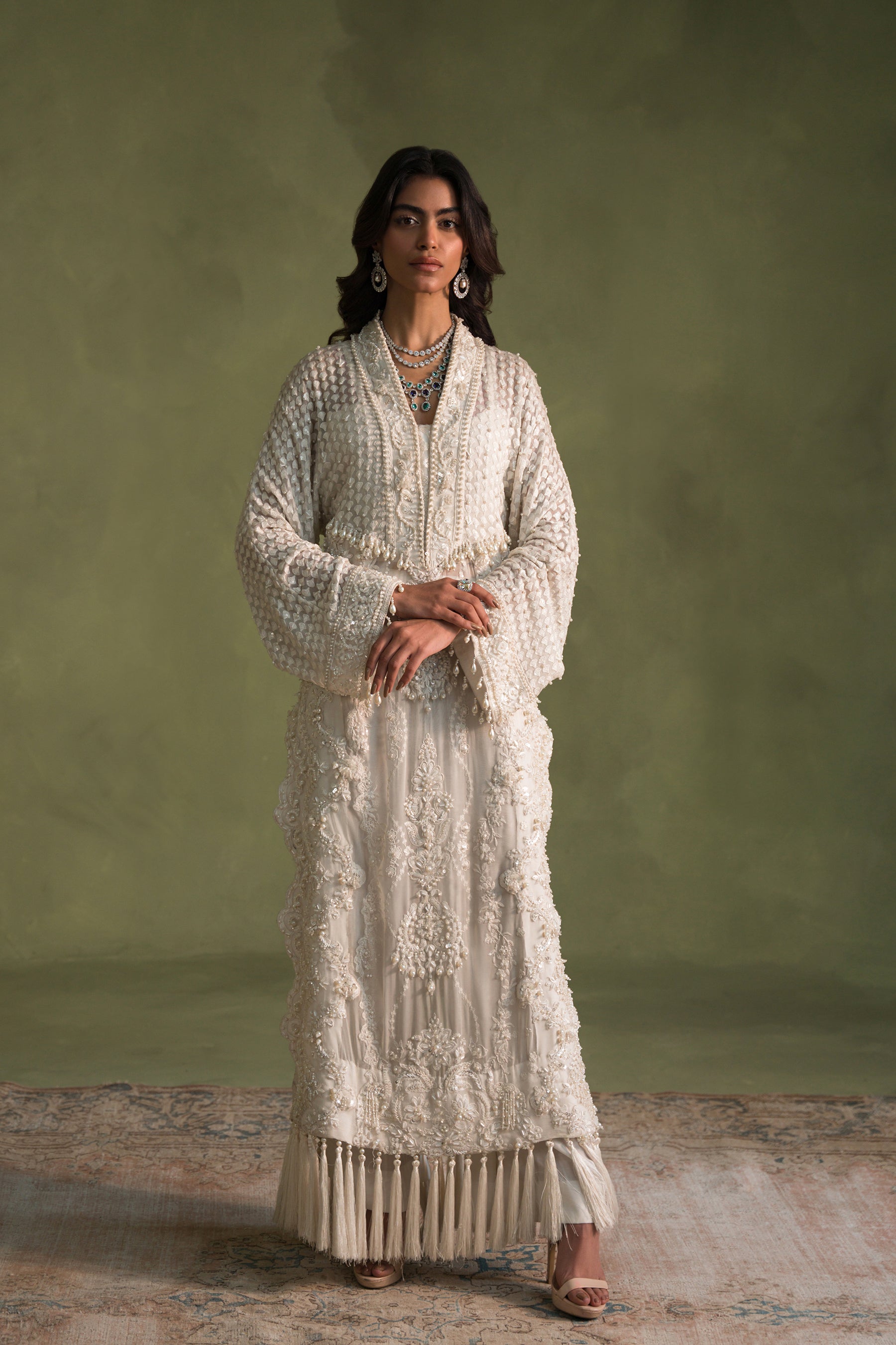 Pakistani Pearl White Embroidered Chiffon Blend Salwar Kameez (3-Piece) - Image 2