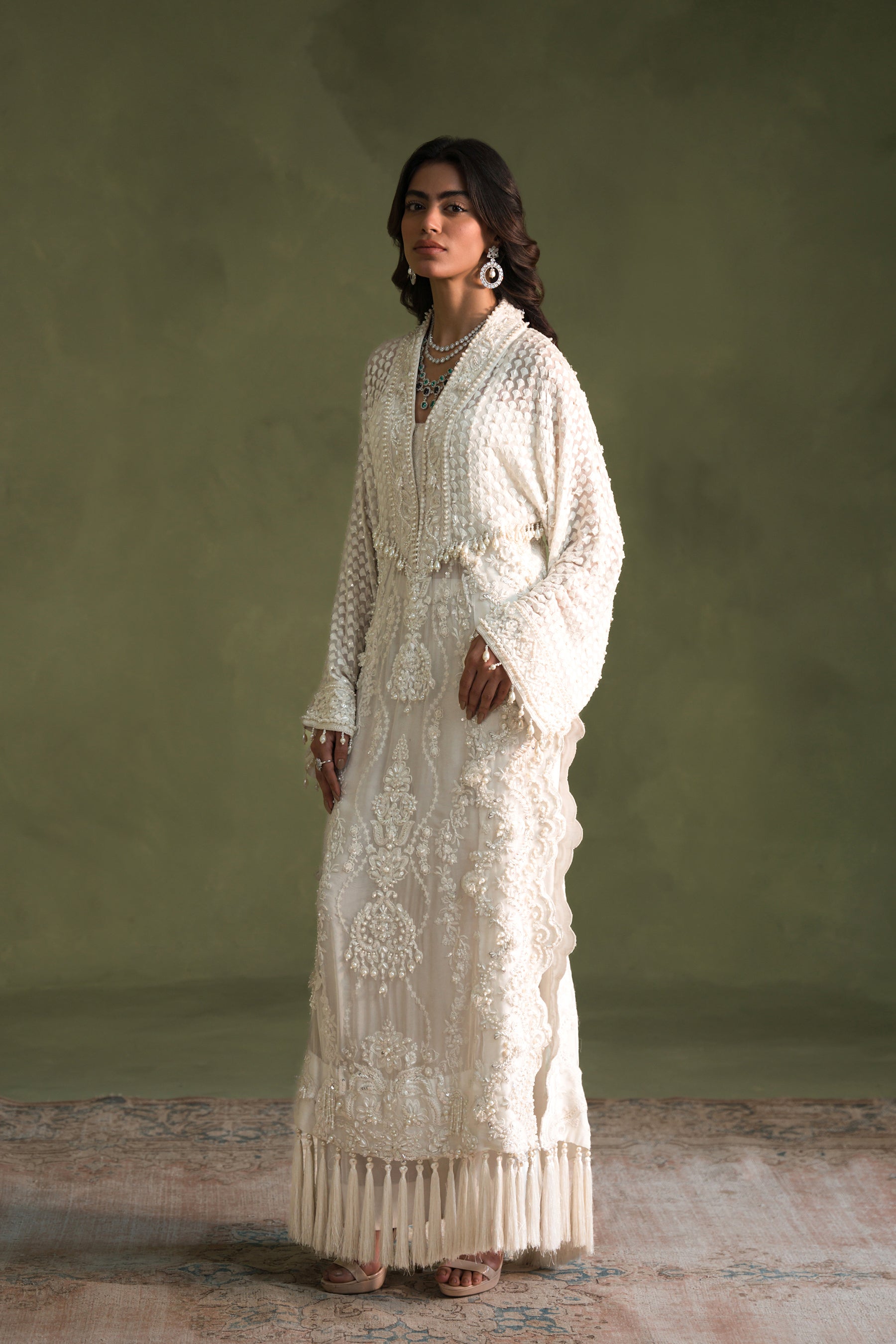 Pakistani Pearl White Embroidered Chiffon Blend Salwar Kameez (3-Piece) - Image 3