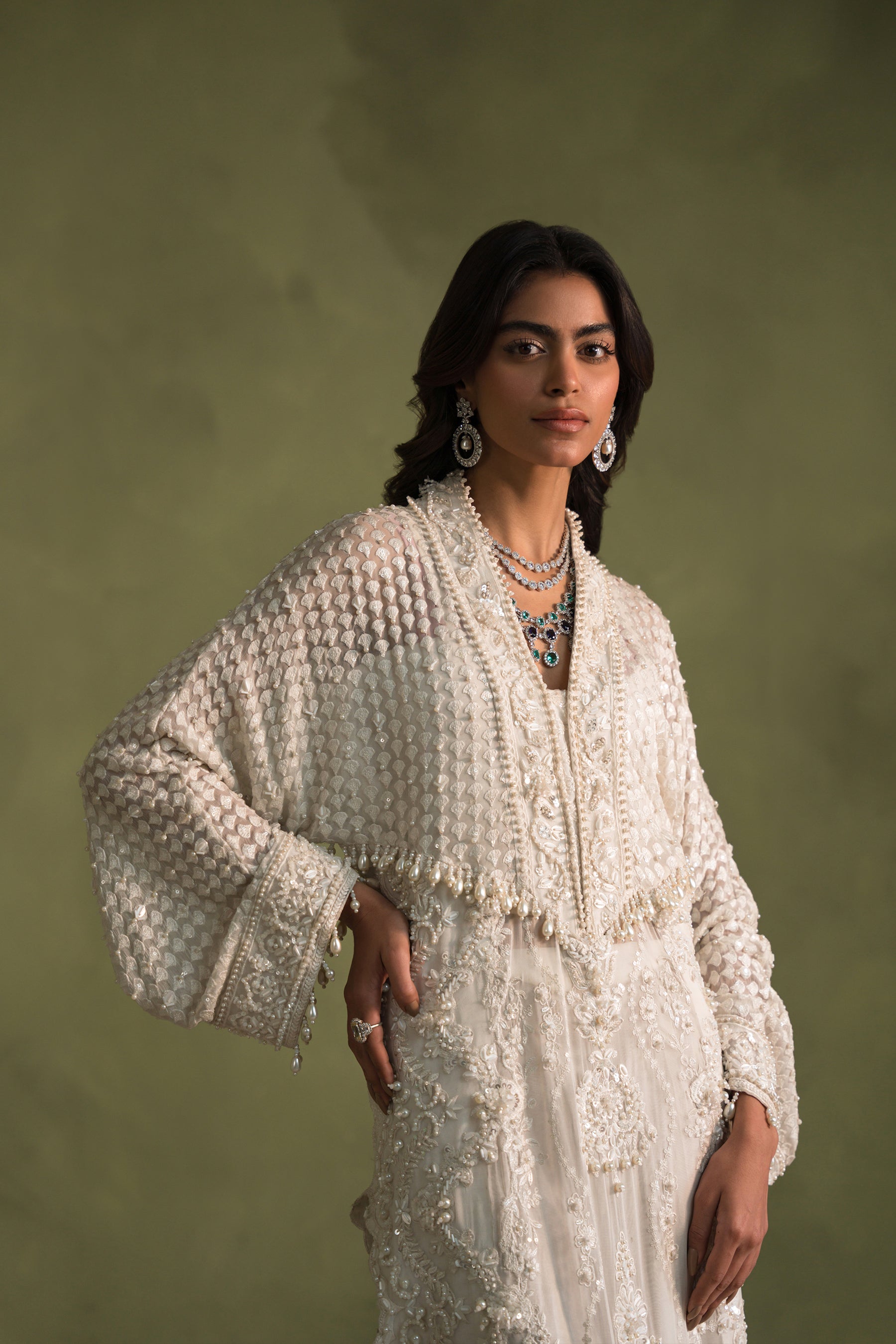 Pakistani Pearl White Embroidered Chiffon Blend Salwar Kameez (3-Piece) - Image 5