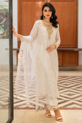 Pakistani White & Gold Embroidered Chiffon Salwar Kameez (3-Piece) - Image 2