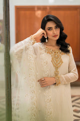 Pakistani White & Gold Embroidered Chiffon Salwar Kameez (3-Piece) - Image 3