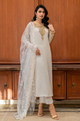 Pakistani White & Gold Embroidered Chiffon Salwar Kameez (3-Piece) - Image 4