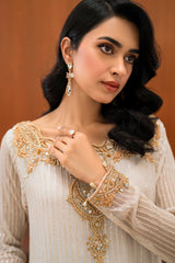 Pakistani White & Gold Embroidered Chiffon Salwar Kameez (3-Piece) - Image 7