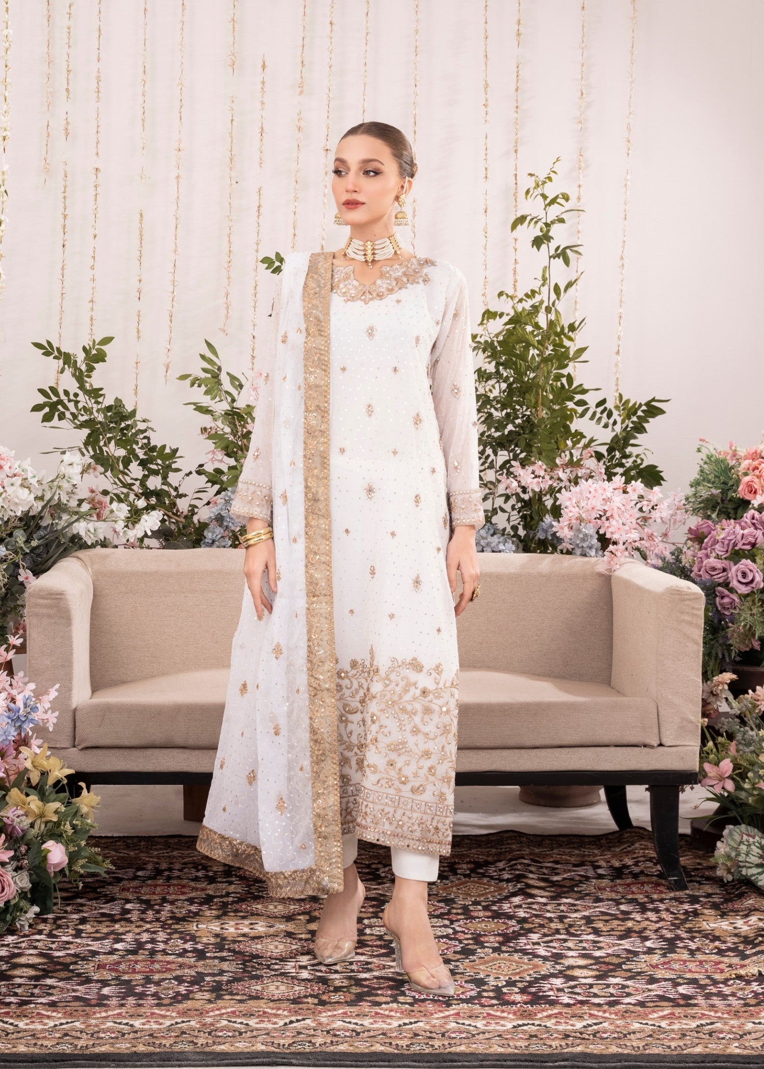 White Embroidered Chiffon Kurta Set (3-Piece) - Image 1