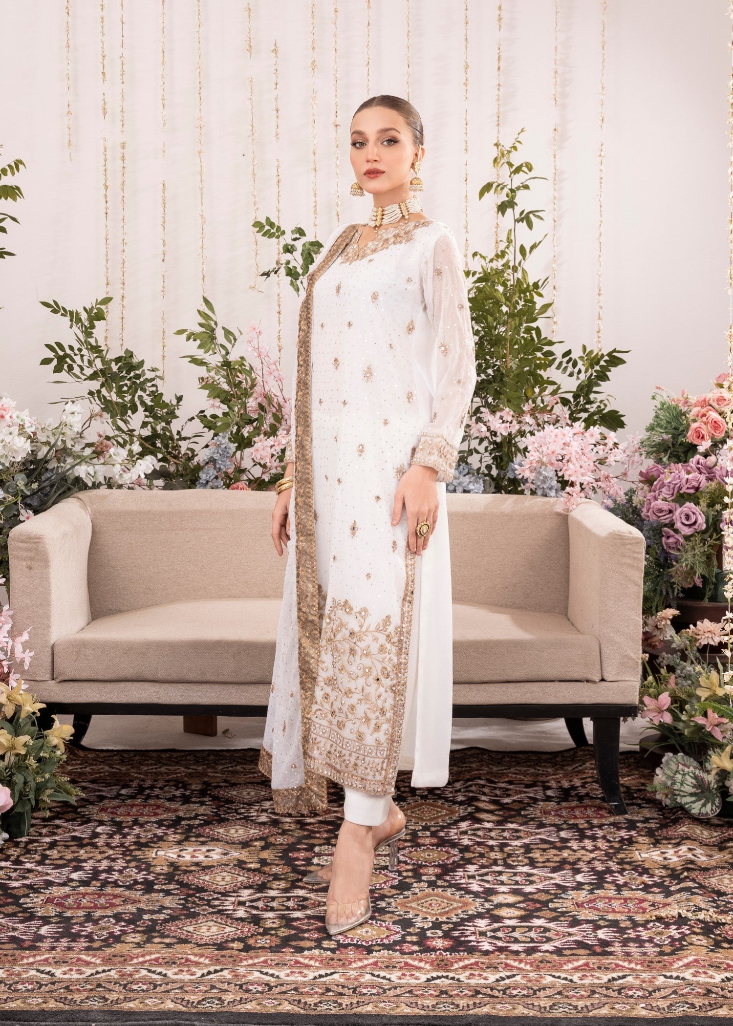 White Embroidered Chiffon Kurta Set (3-Piece) - Image 2