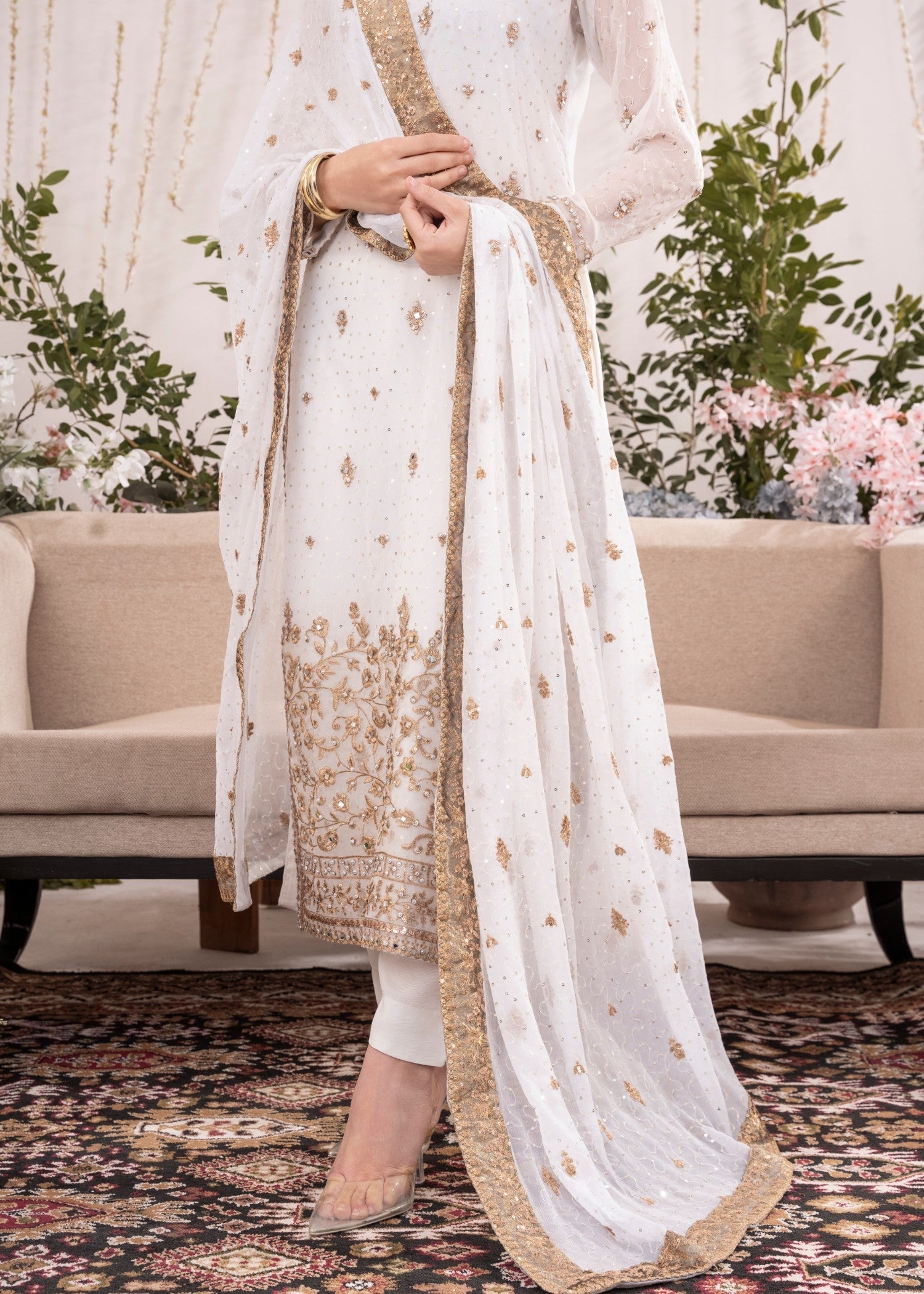 White Embroidered Chiffon Kurta Set (3-Piece) - Image 6