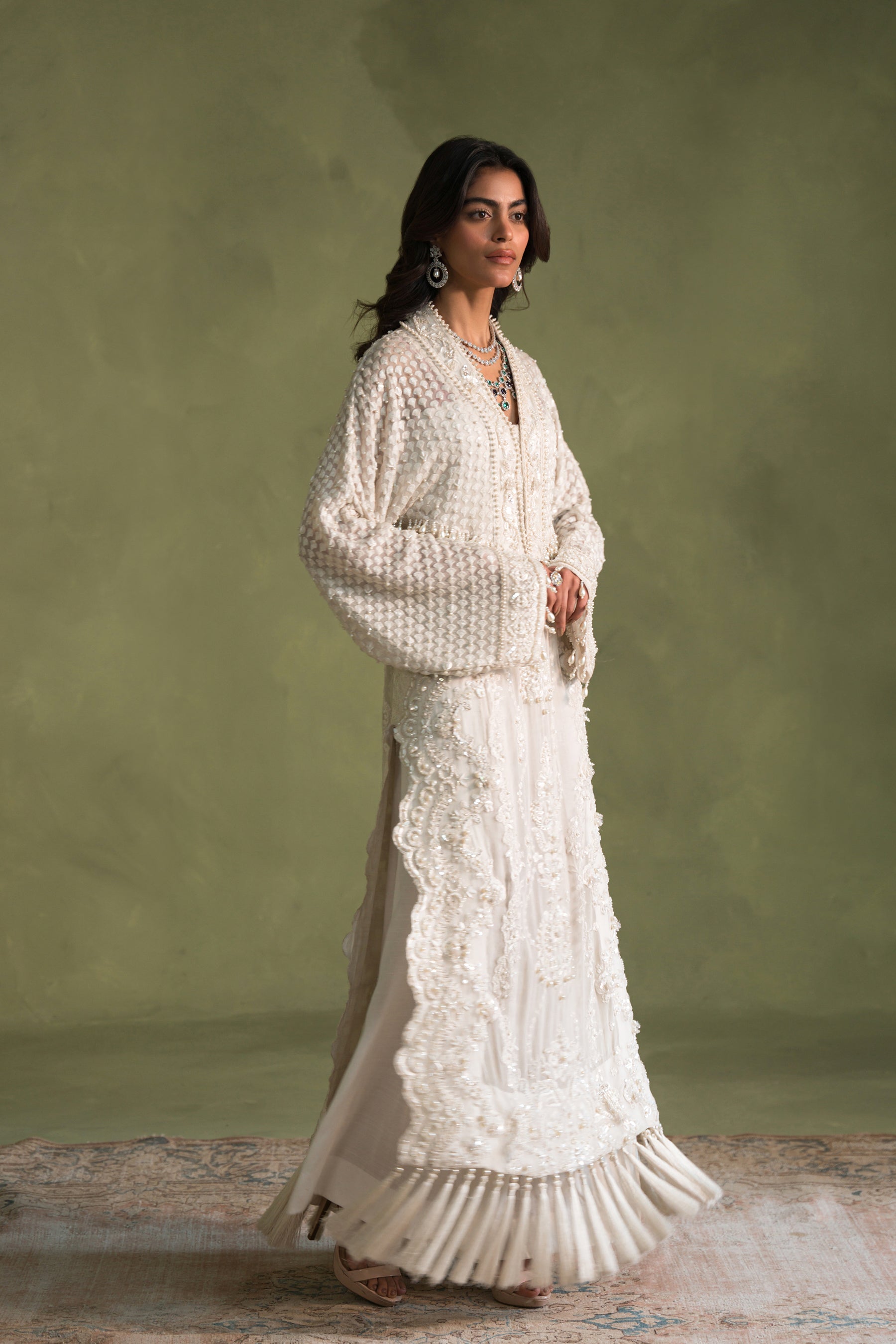 Pakistani Pearl White Embroidered Chiffon Blend Salwar Kameez (3-Piece) - Image 4