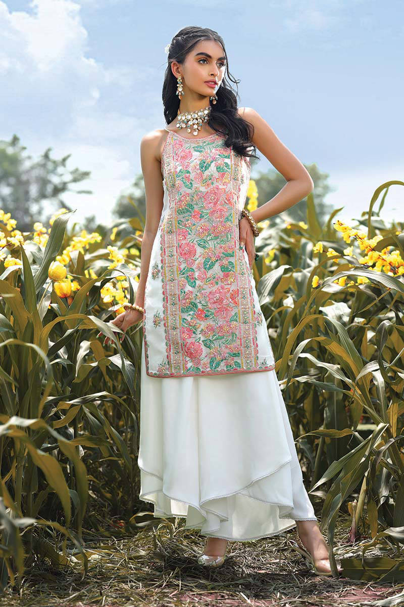 White Embroidered Chiffon Jacquard Short Shirt (2-Piece) - Image 1