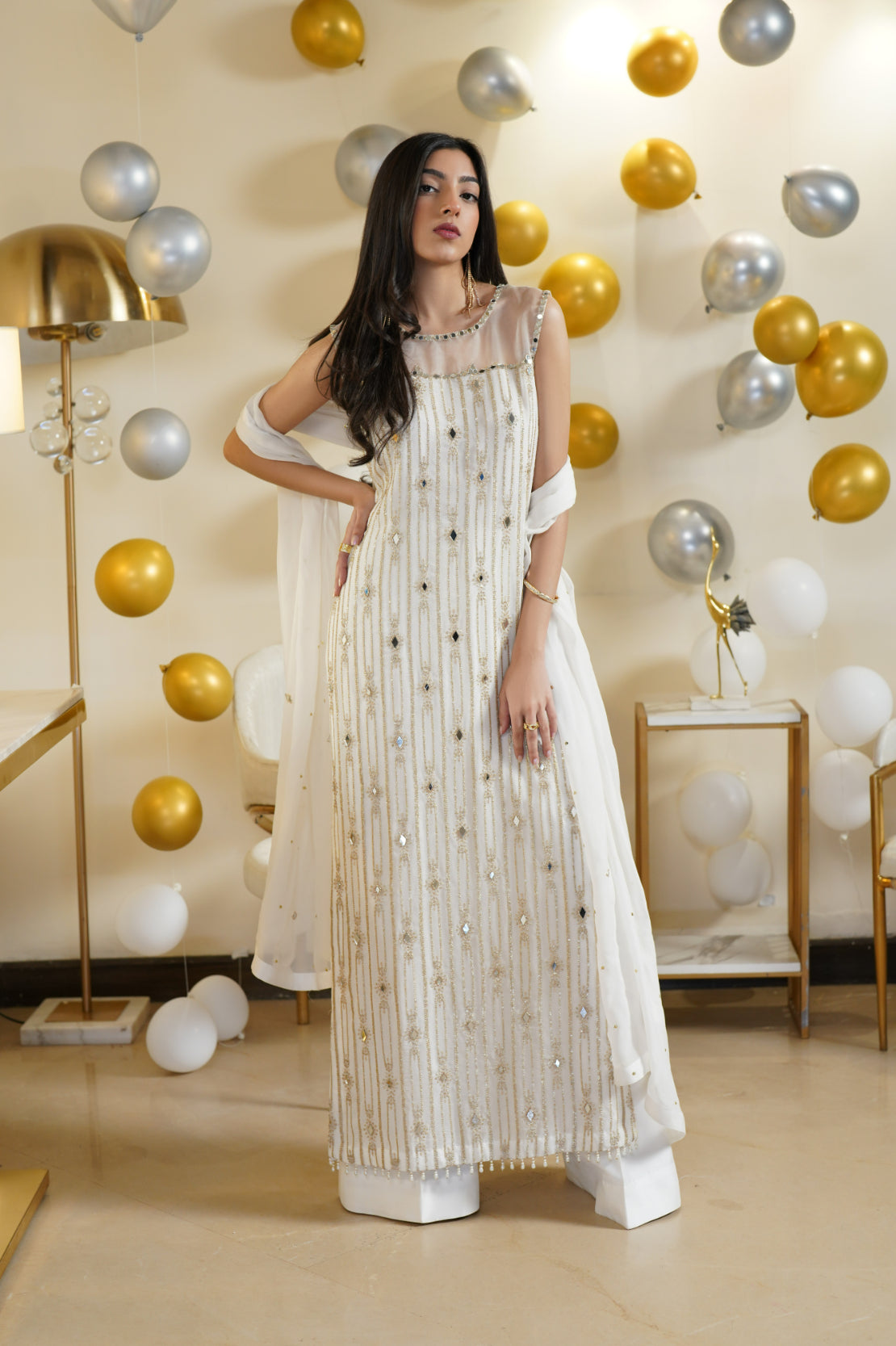 White Mirror & Naqshi Chiffon Salwar Kameez (3-Piece) - Image 1