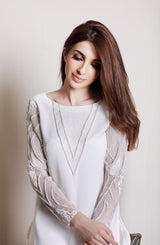 Pakistani White Pearl & Crystal Chiffon Salwar Kameez (2-Piece) - Image 3