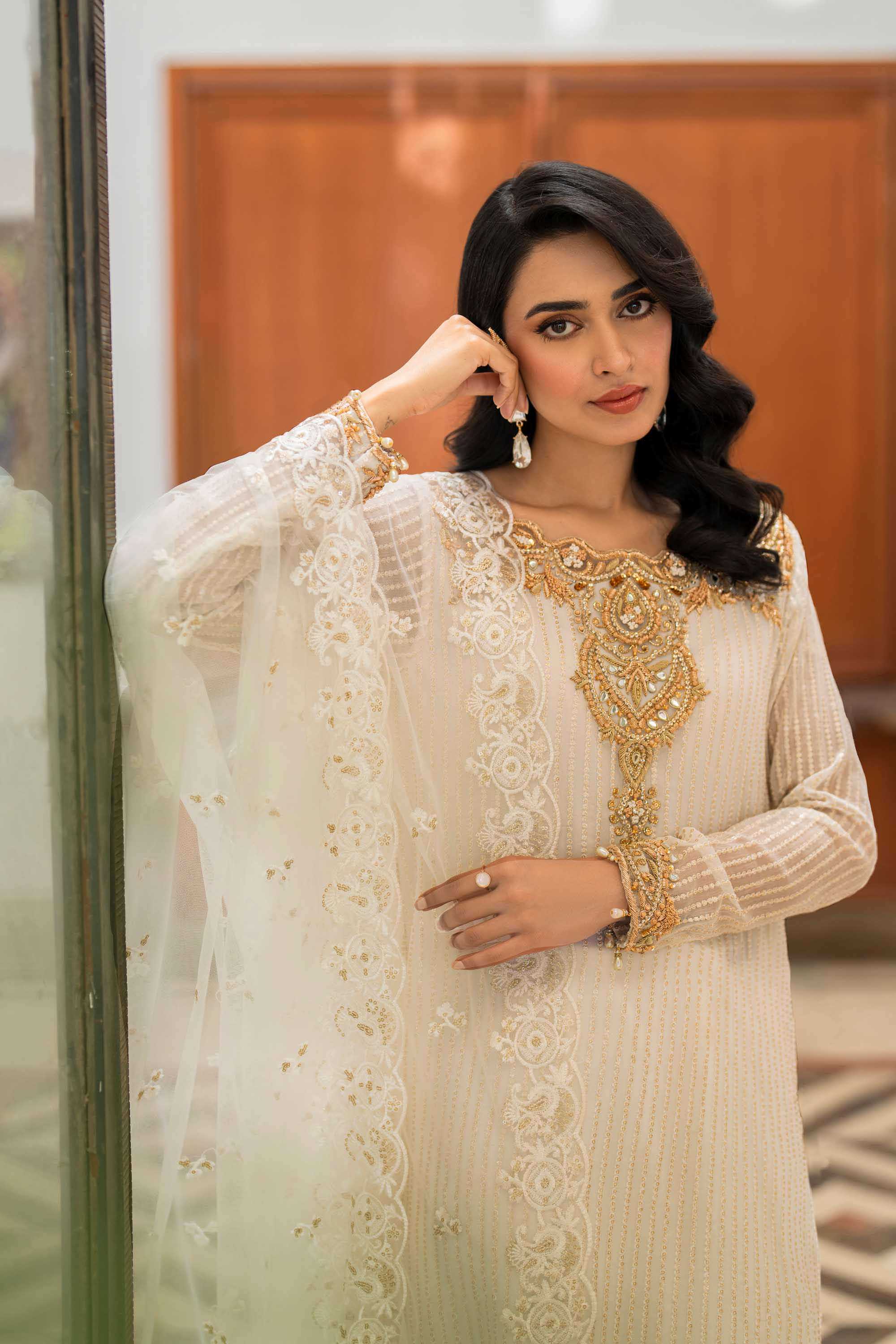 White & Gold Embroidered Chiffon Salwar Kameez (3-Piece) - Image 3